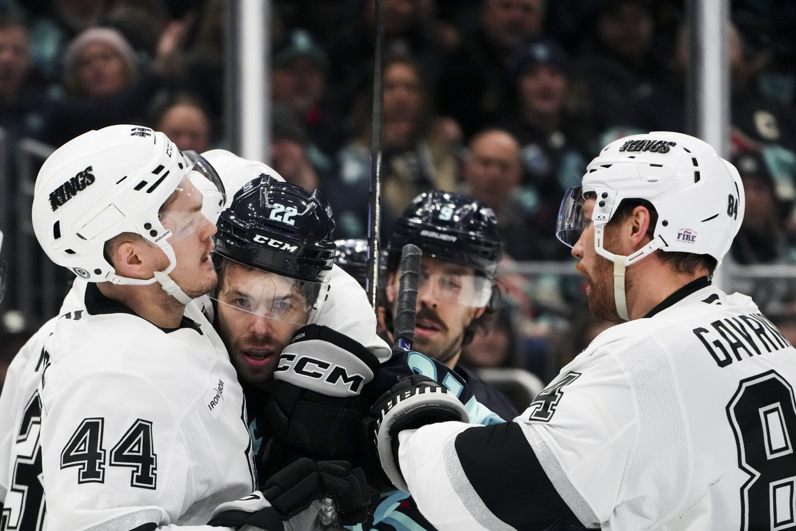 Kings defenseman Mikey Anderson (44) and defenseman Vladislav Gavrikov, right,...