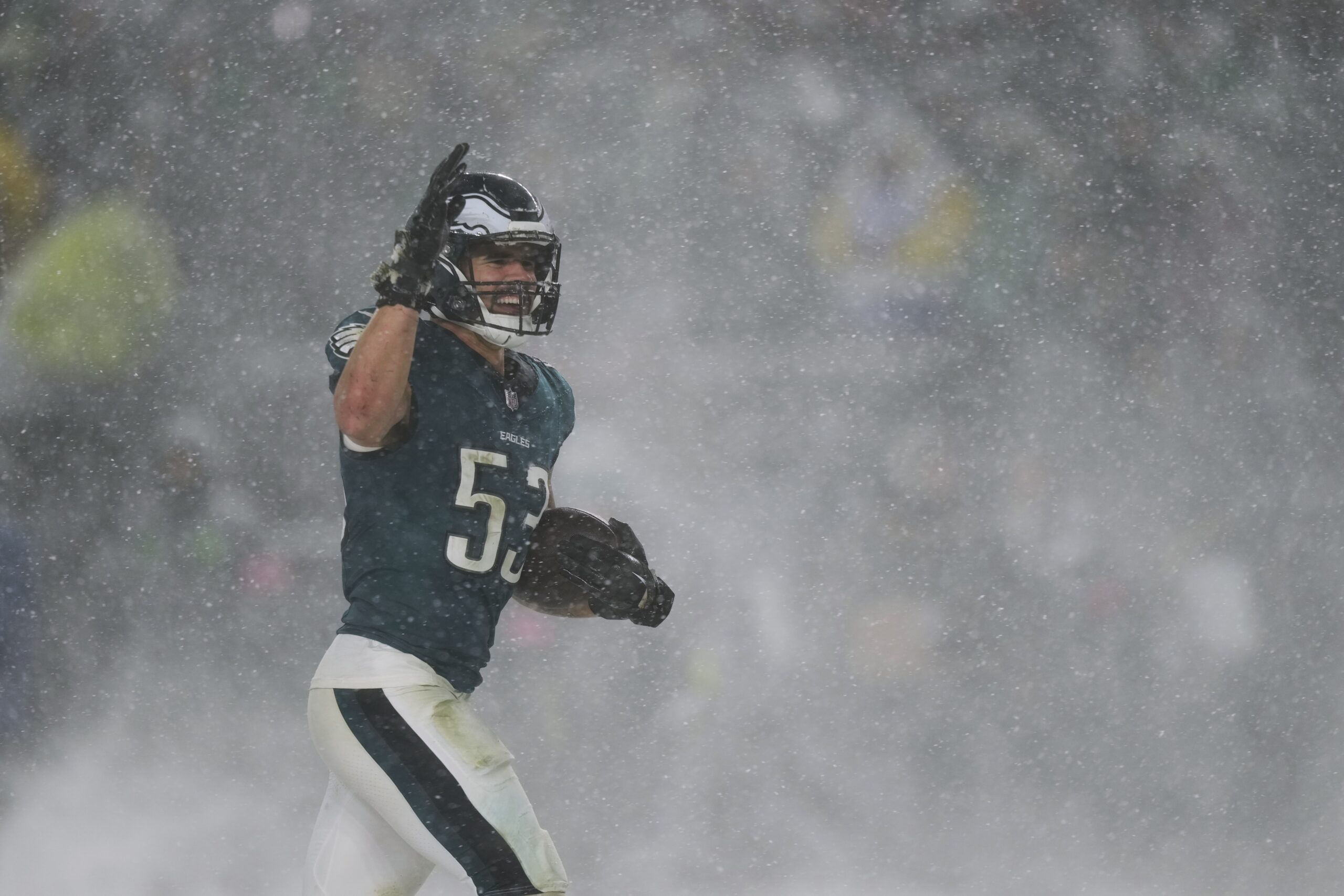 Philadelphia Eagles linebacker Zack Baun celebrates after recovering a fumble...