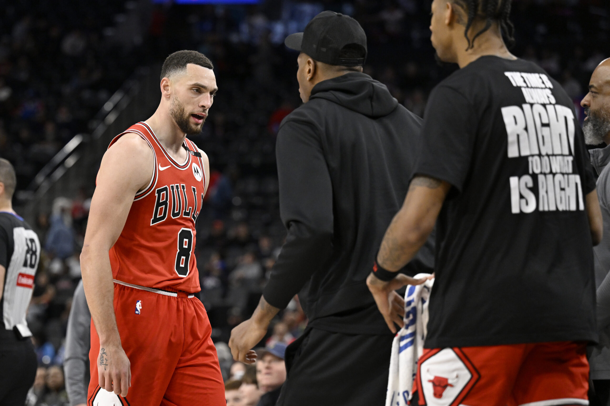 Chicago Bulls guard Zach LaVine (8) reacts with teammates after...