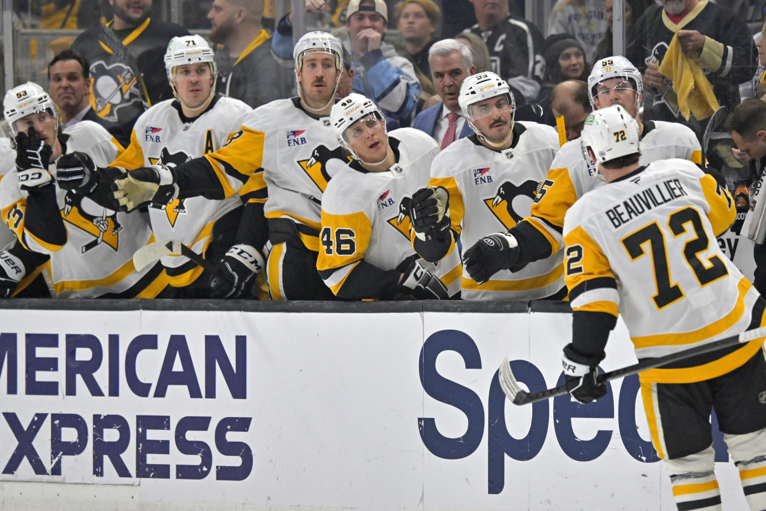 Pittsburgh Penguins left wing Anthony Beauvillier (72) is congratulated at...