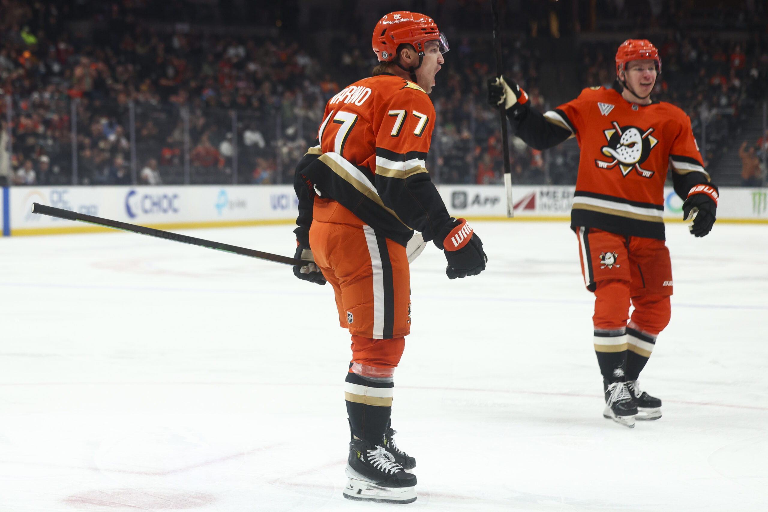 Ducks right wing Frank Vatrano (77) reacts after scoring a...