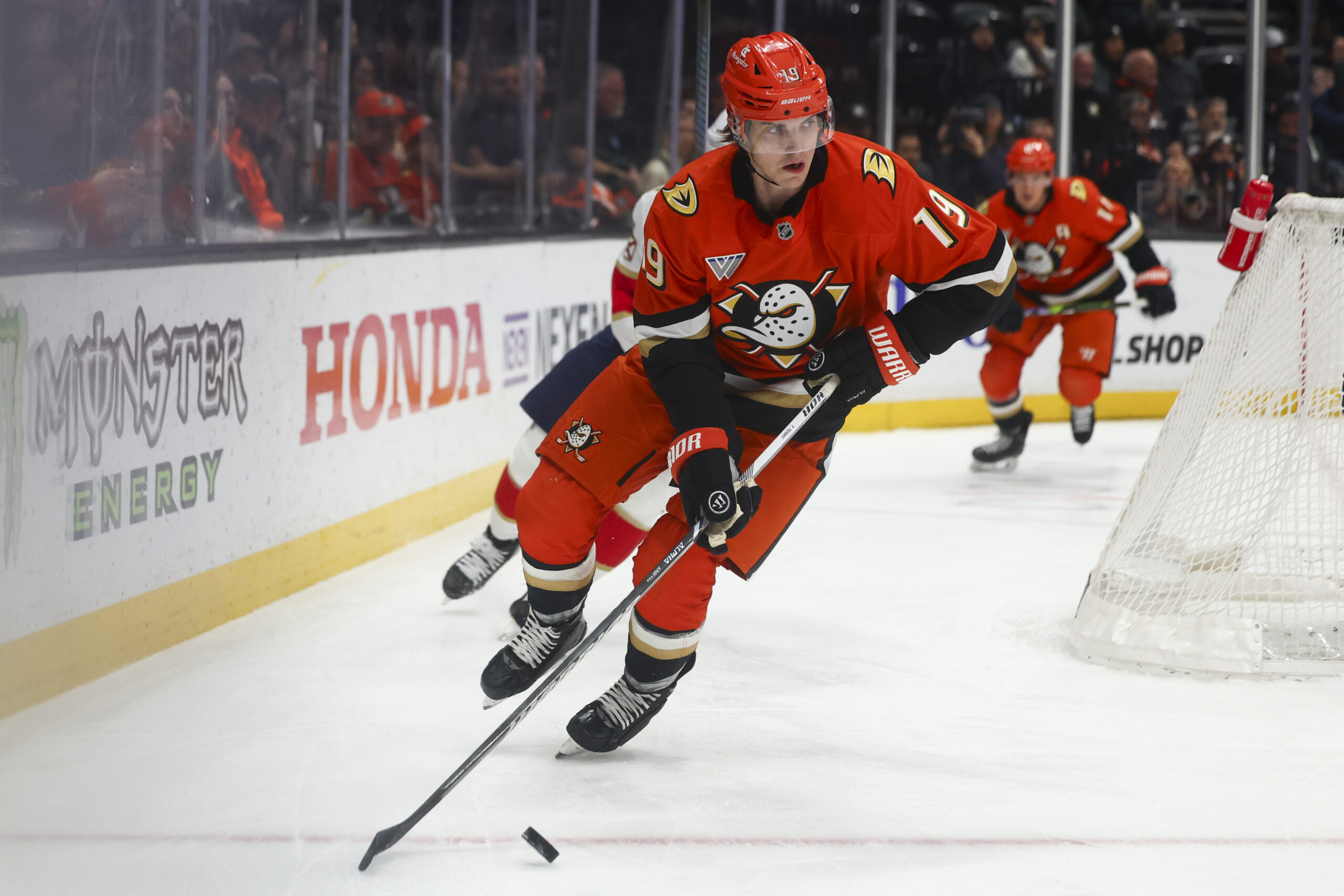 Ducks right wing Troy Terry skates with the puck during...