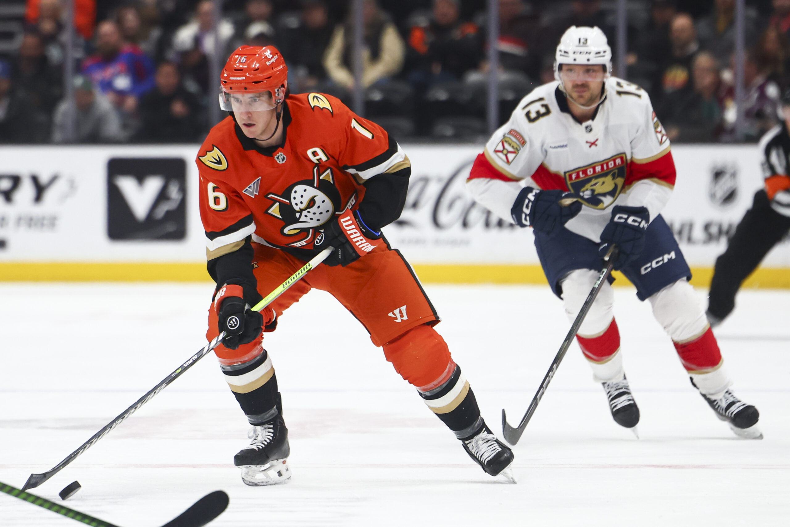 Ducks center Ryan Strome (16) skates with the puck as...