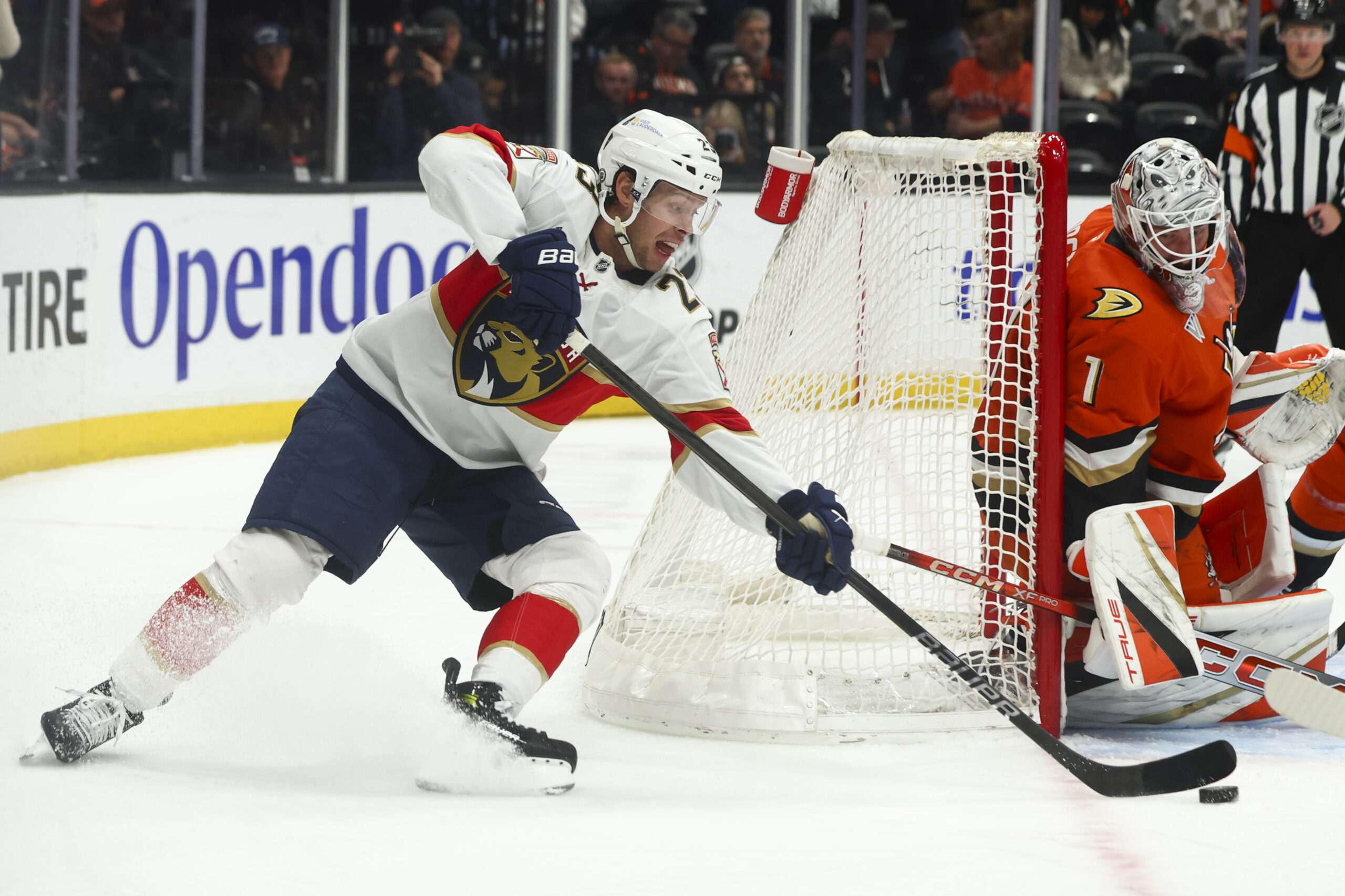 Florida Panthers center Carter Verhaeghe skates with the puck around...