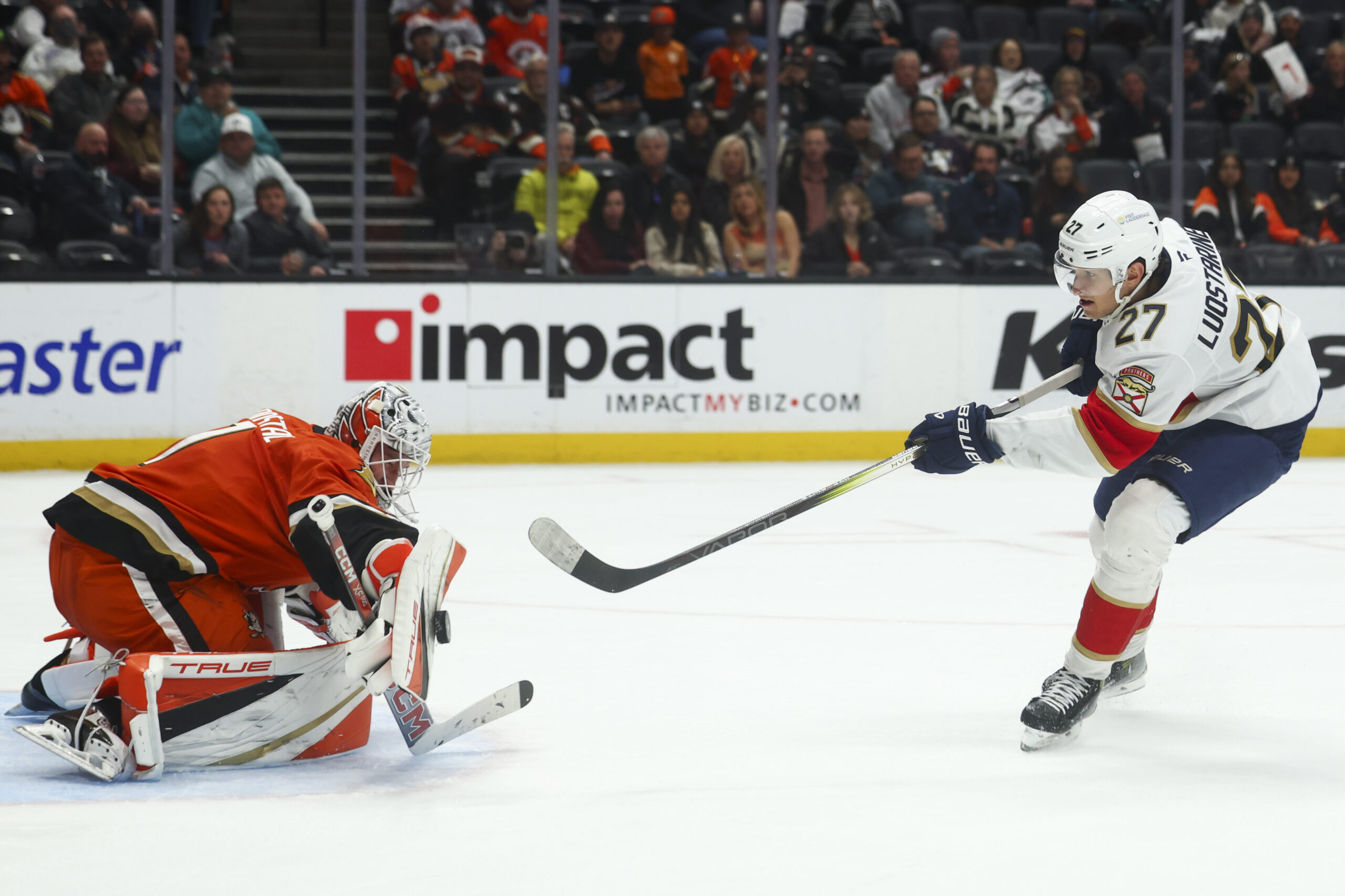 Ducks goaltender Lukas Dostal makes a save against Florida Panthers...