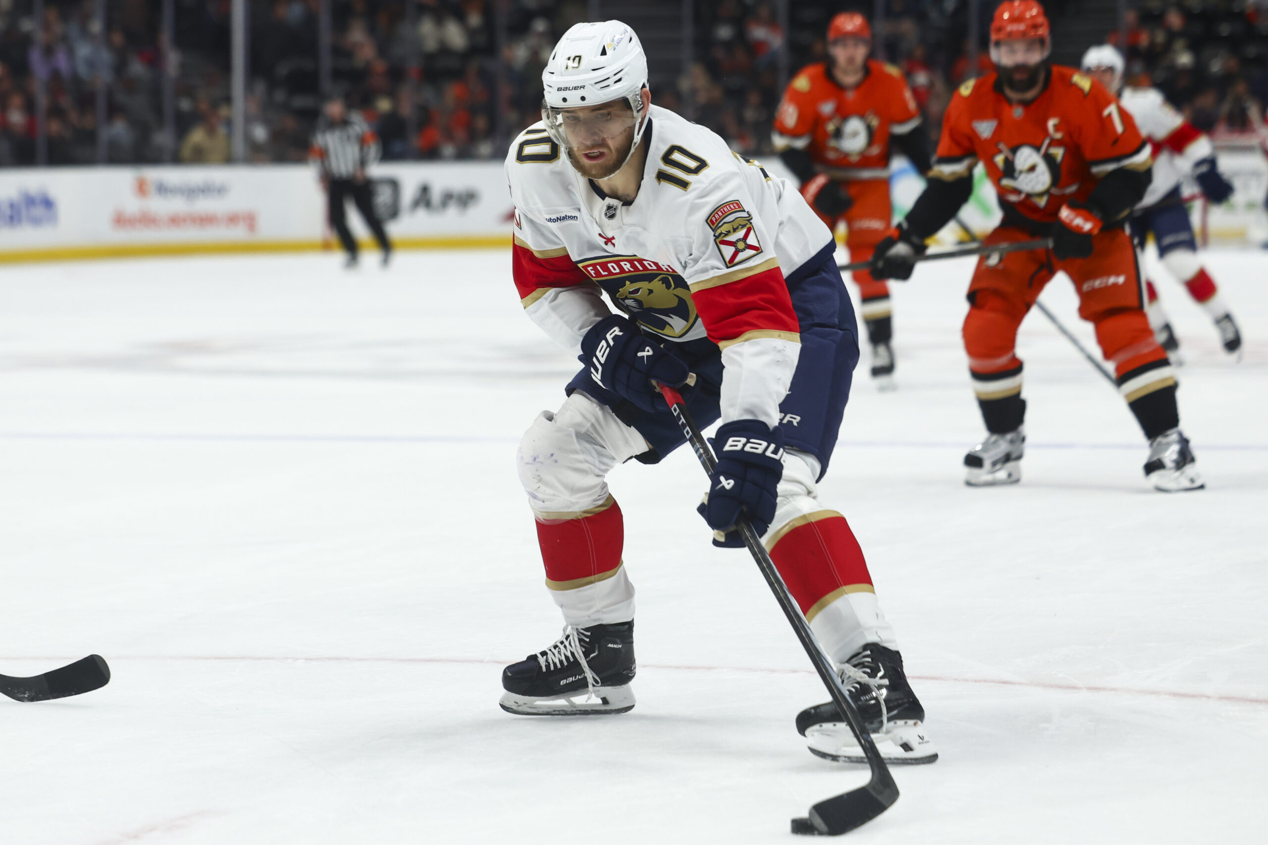 Florida Panthers left wing A.J. Greer (10) skates with the...