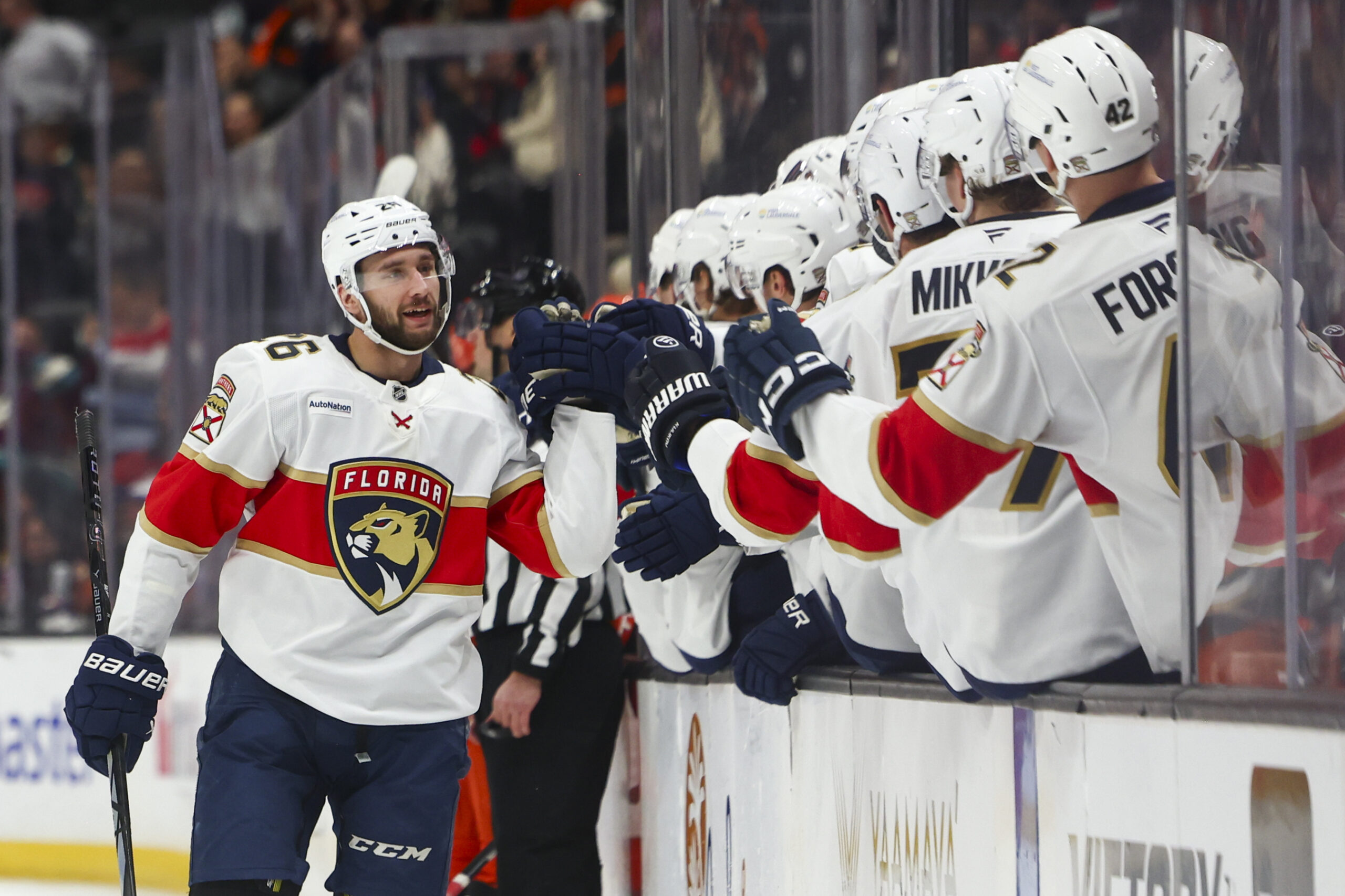 Florida Panthers defenseman Uvis Balinskis (26) celebrates with his teammates...