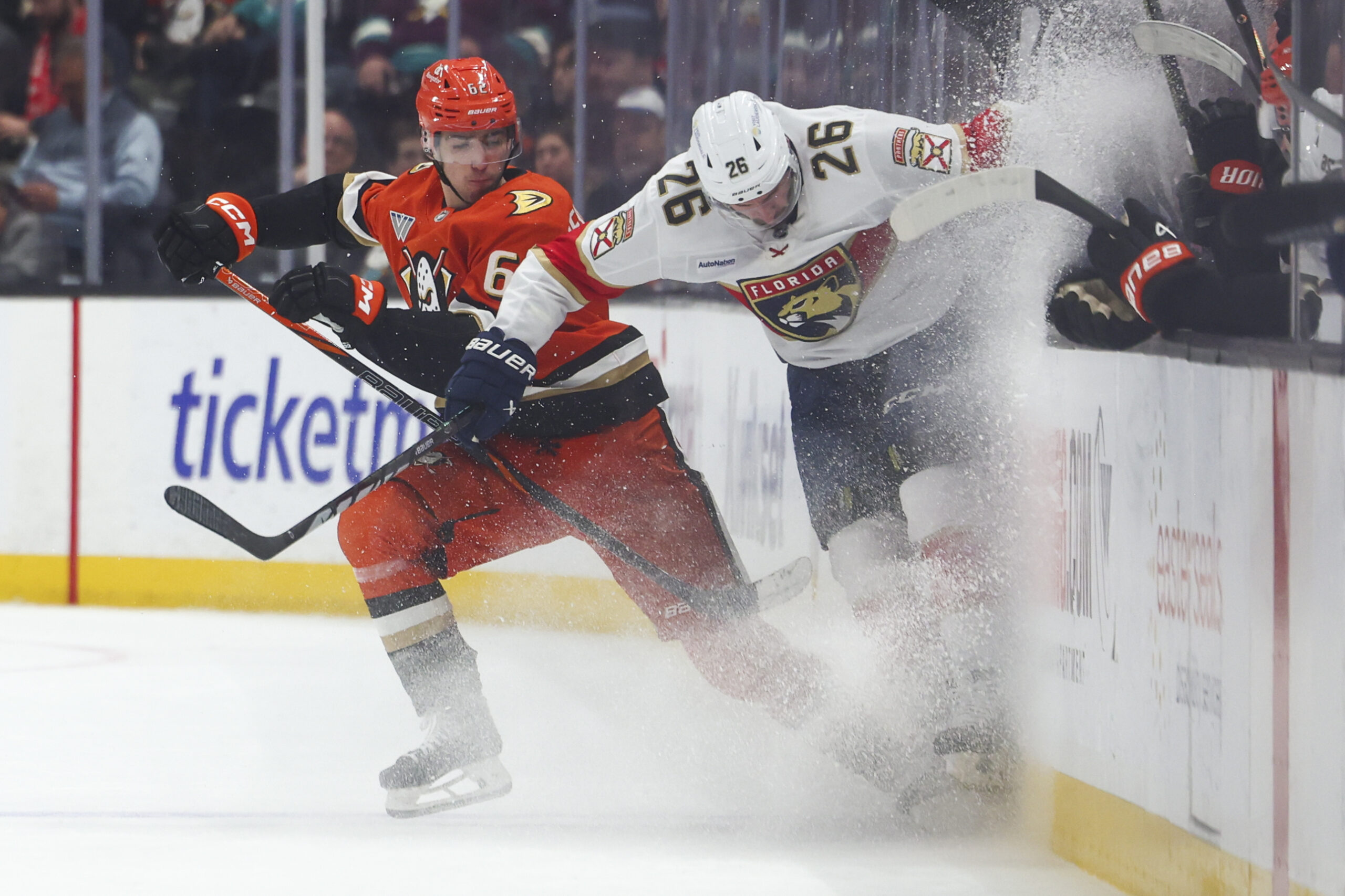 Ducks center Nikita Nesterenko and Florida Panthers defenseman Uvis Balinskis...