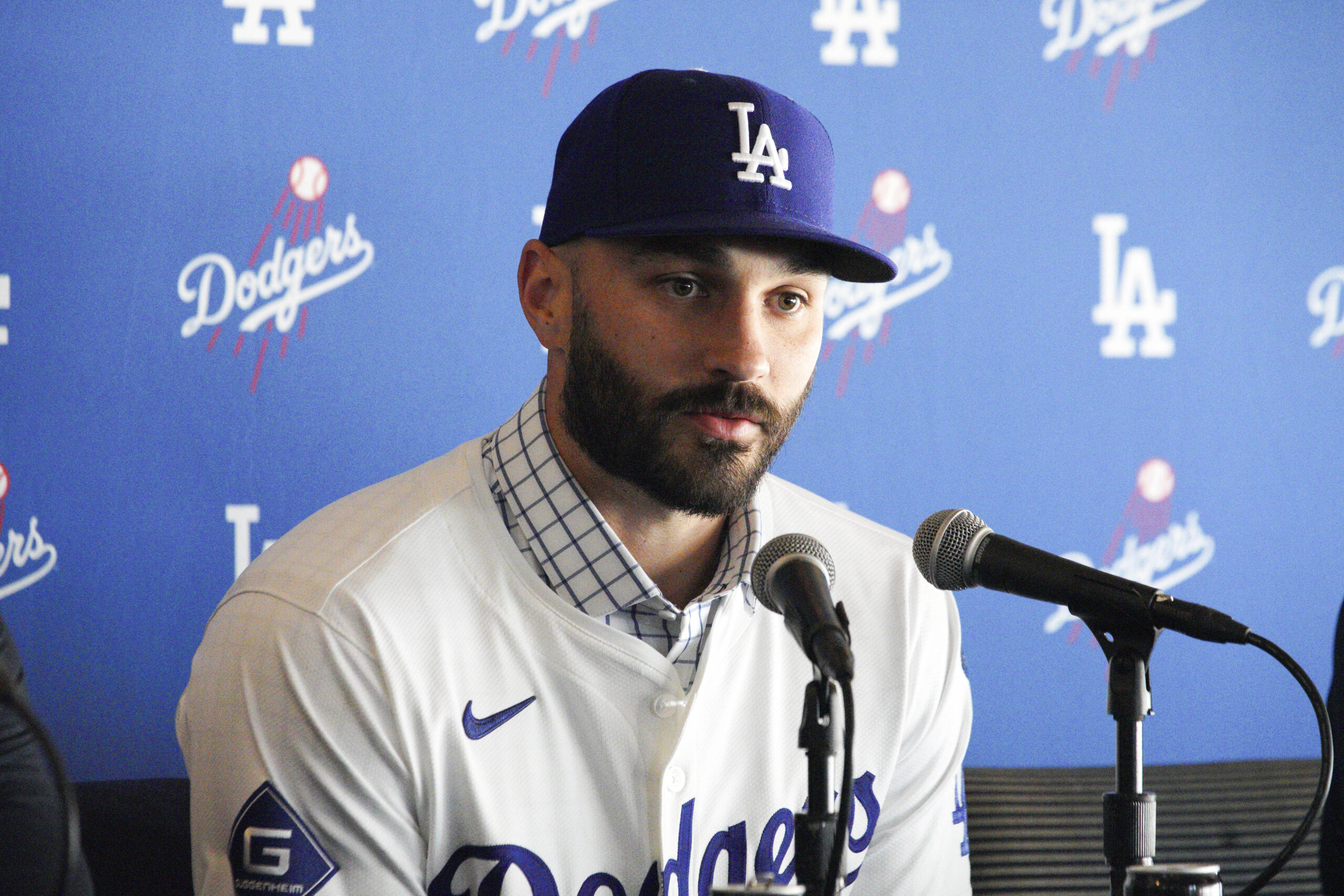 New Dodgers relief pitcher Tanner Scott answers questions during an...