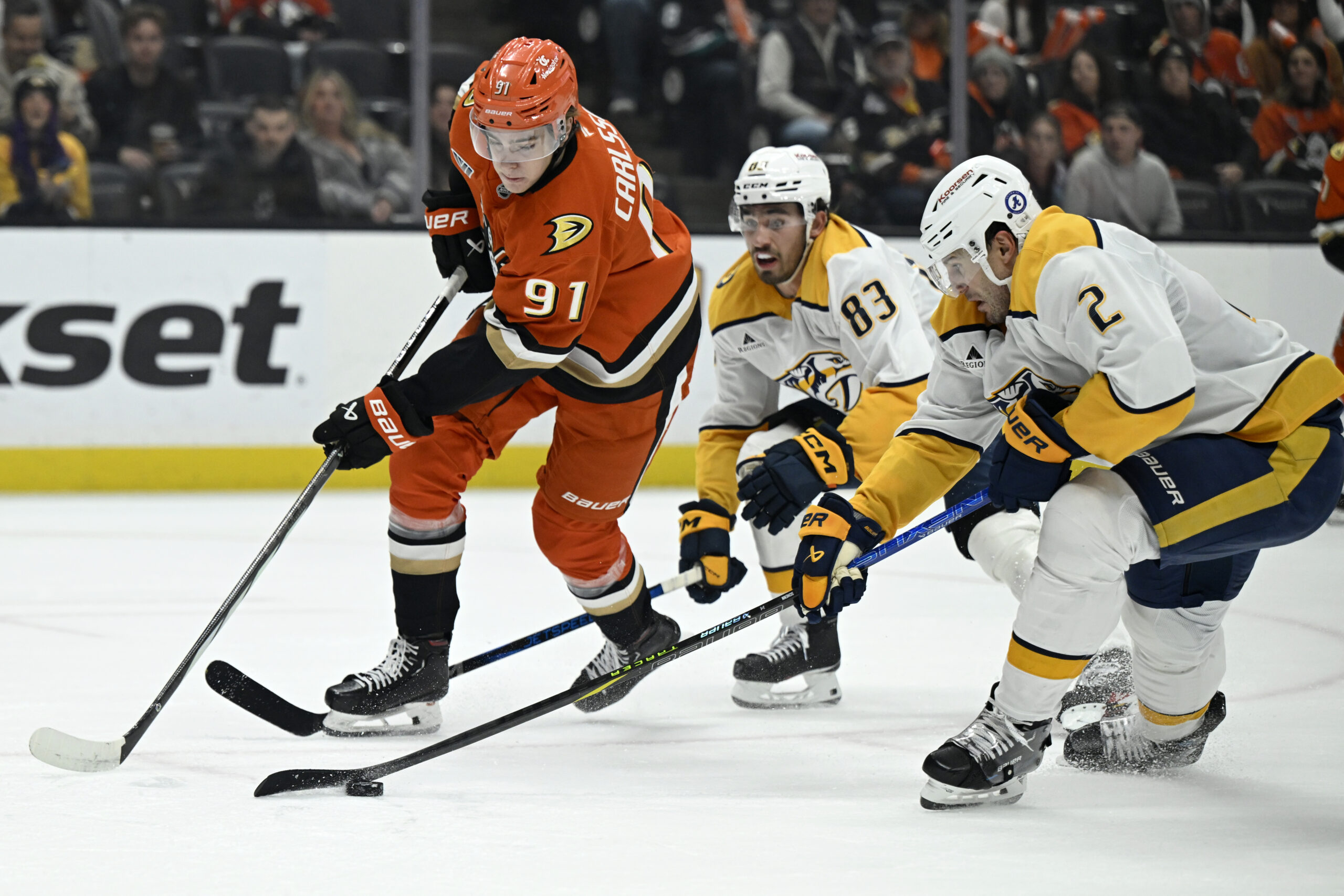 Nashville Predators defenseman Luke Schenn (2) intercepts a pass intended...