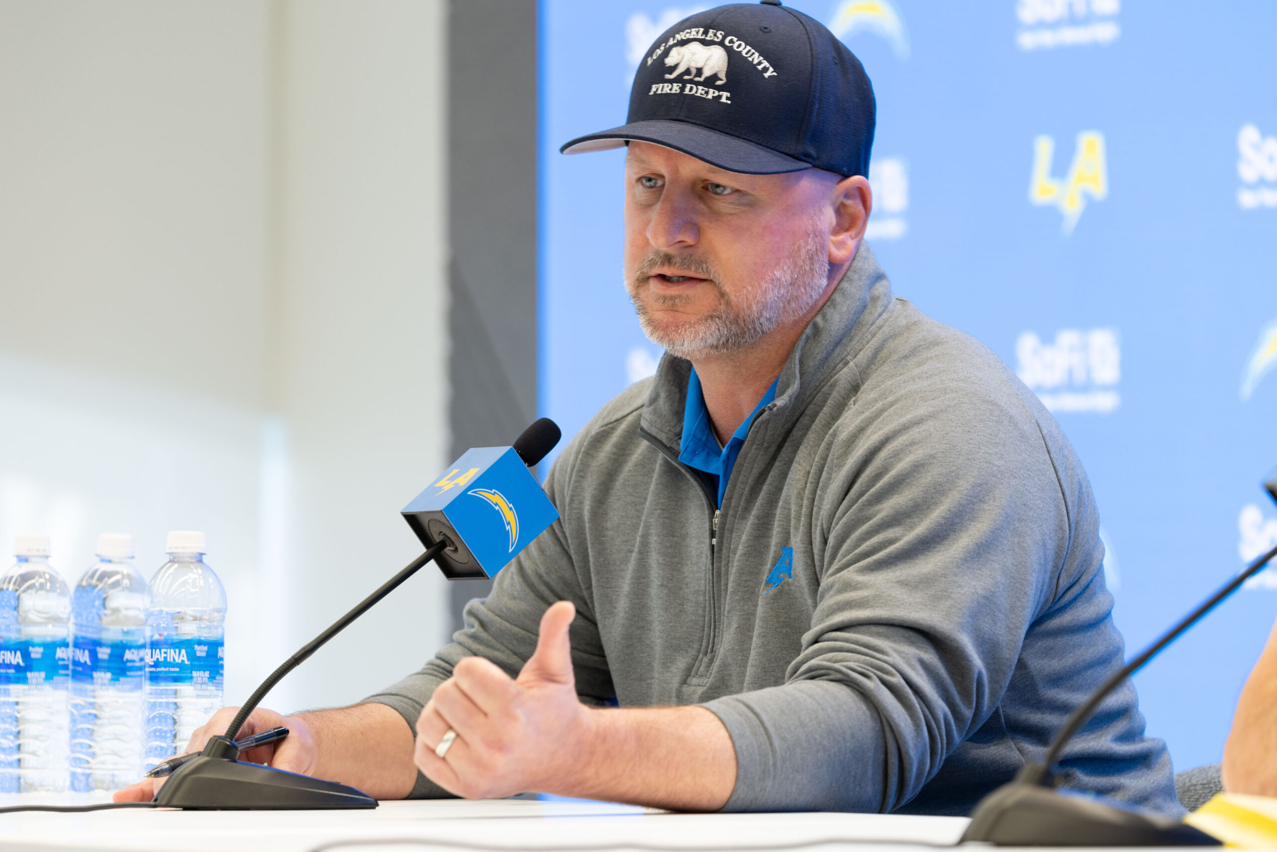 Chargers general manager Joe Hortiz speaks to reporters during a...