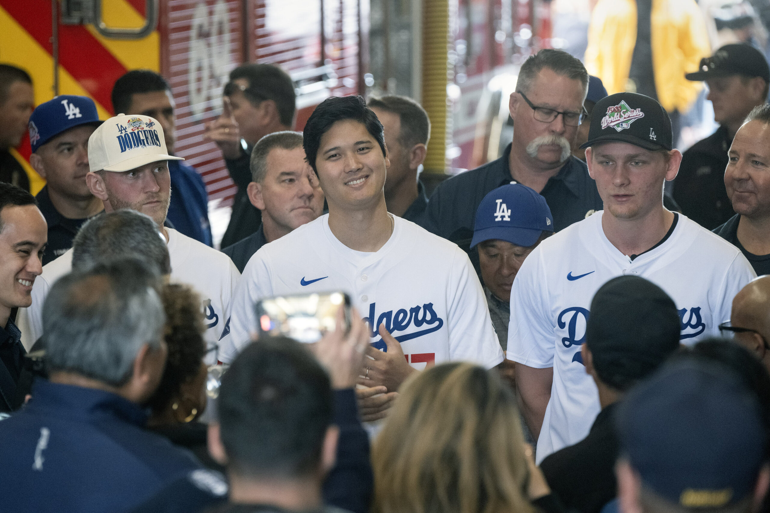 From left, Dodgers players Ben Casparius, Shohei Ohtani and Emmet...