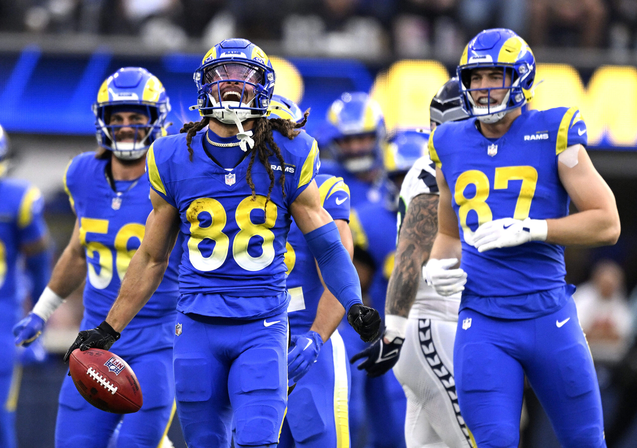 Rams returner Jordan Whittington reacts following a large return during...