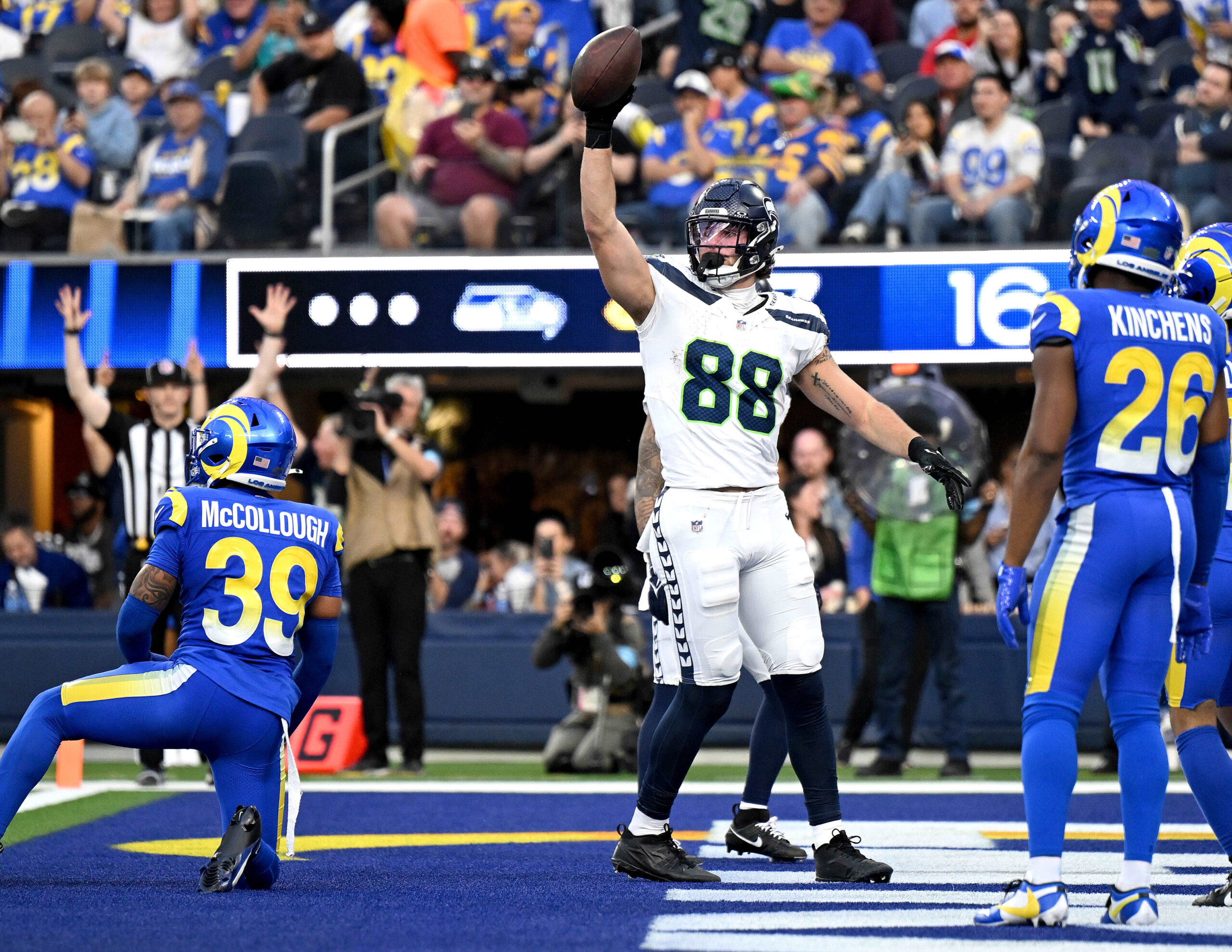 Seattle tightend A.J. Barner celebrates after scoring in the third...