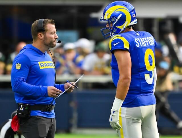 Oct 6, 2024; Inglewood, California, USA; Los Angeles Rams quarterback Matthew Stafford (9) talks to head coach Sean McVey during a timeout I the third quarter against the Green Bay Packers at SoFi Stadium. Mandatory Credit: Robert Hanashiro-Imagn Images Matthew Stafford, Sean McVay, Rams