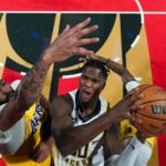 Indiana Pacers wing Bennedict Mathurin attempts to score against Los Angeles Lakers defense