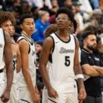 Sierra Canyon’s Bryce James (5), the son of NBA player LeBron James, stands with his teammates by the bench before the game between Sierra Canyon and Bartlett High School during Memphis Hoopfest in Eads, Tenn., on Friday, January 3, 2025.