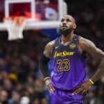 Jan 7, 2025; Dallas, Texas, USA; Los Angeles Lakers forward LeBron James (23) reacts against the Dallas Mavericks during the second half at American Airlines Center. Mandatory Credit: Kevin Jairaj-Imagn Images