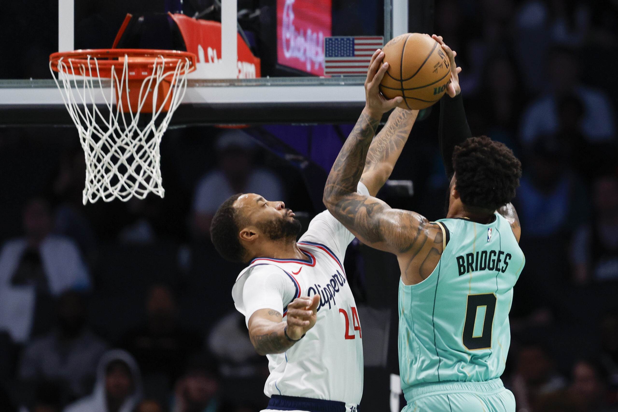 Charlotte Hornets forward Miles Bridges (0) looks to shoot against...