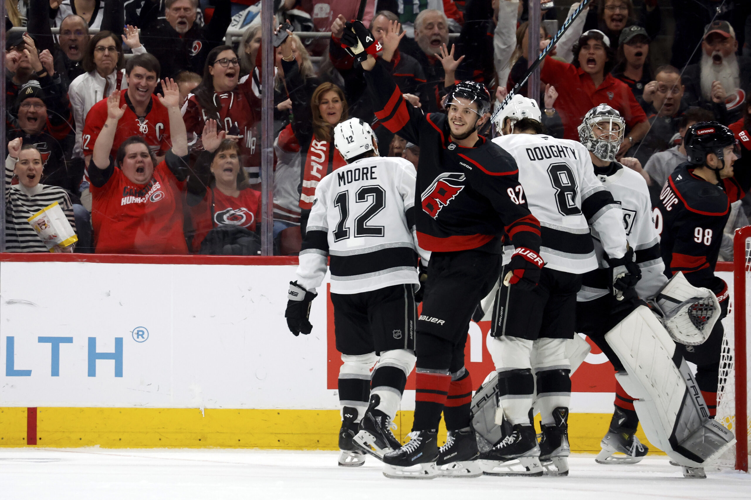 Carolina Hurricanes’ Jesperi Kotkaniemi (82) celebrates after his goal against...