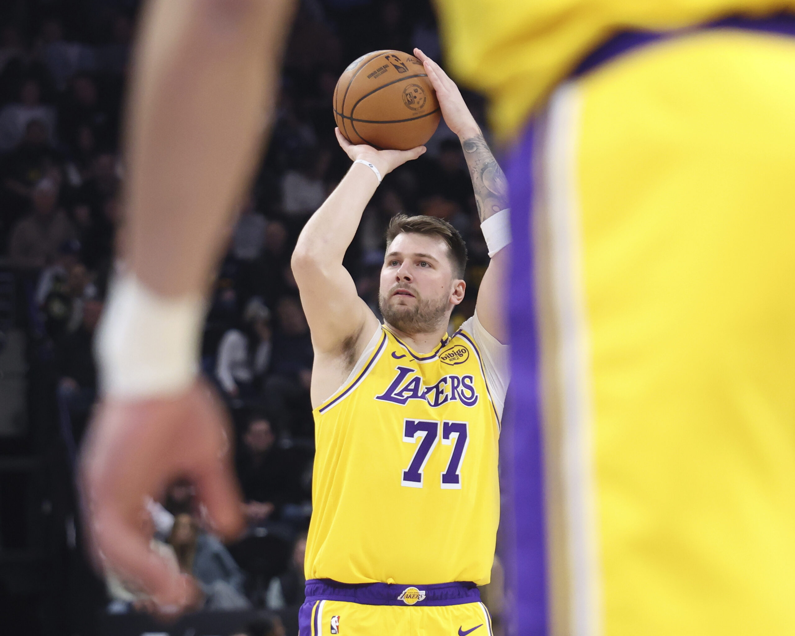 Lakers guard Luka Doncic takes a shot against the Utah...