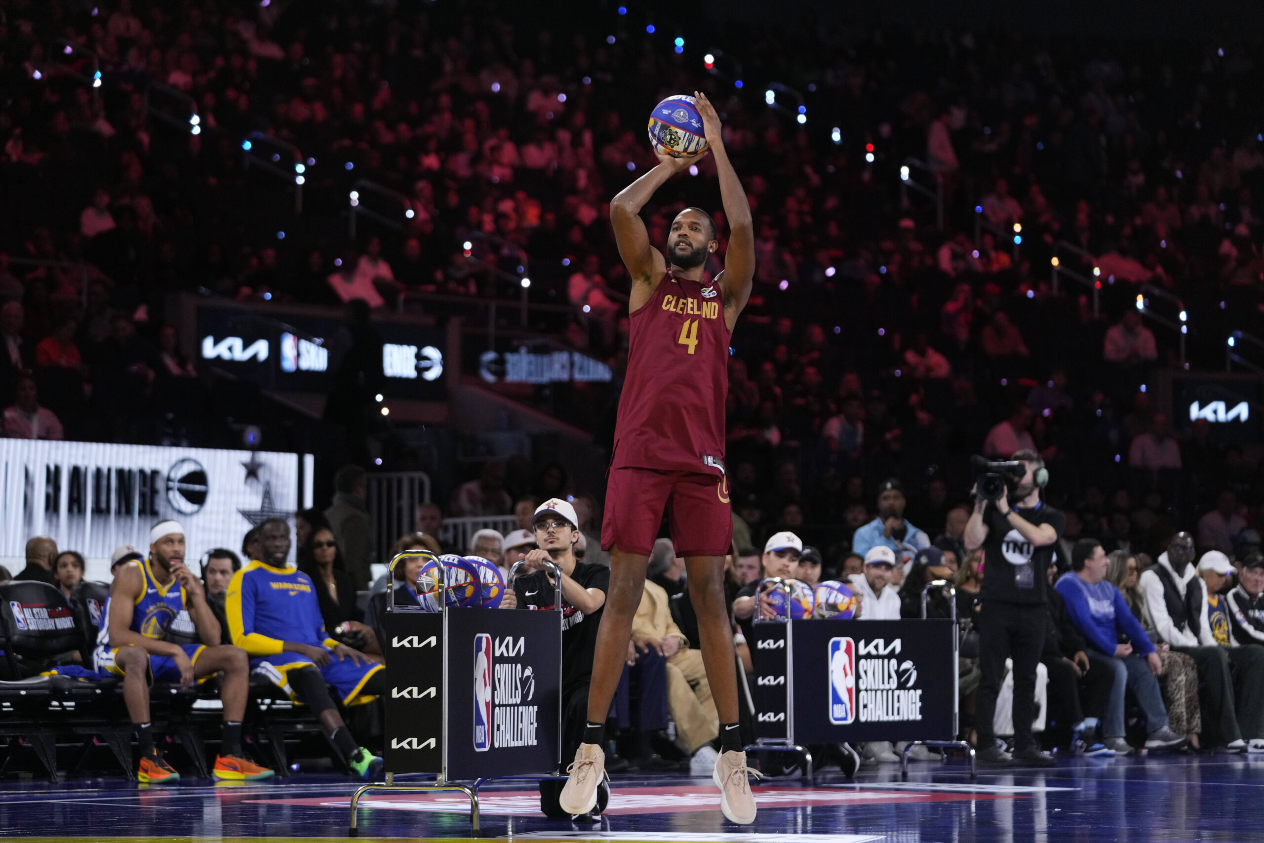 Cleveland Cavaliers center Evan Mobley competes during the skills challenge...