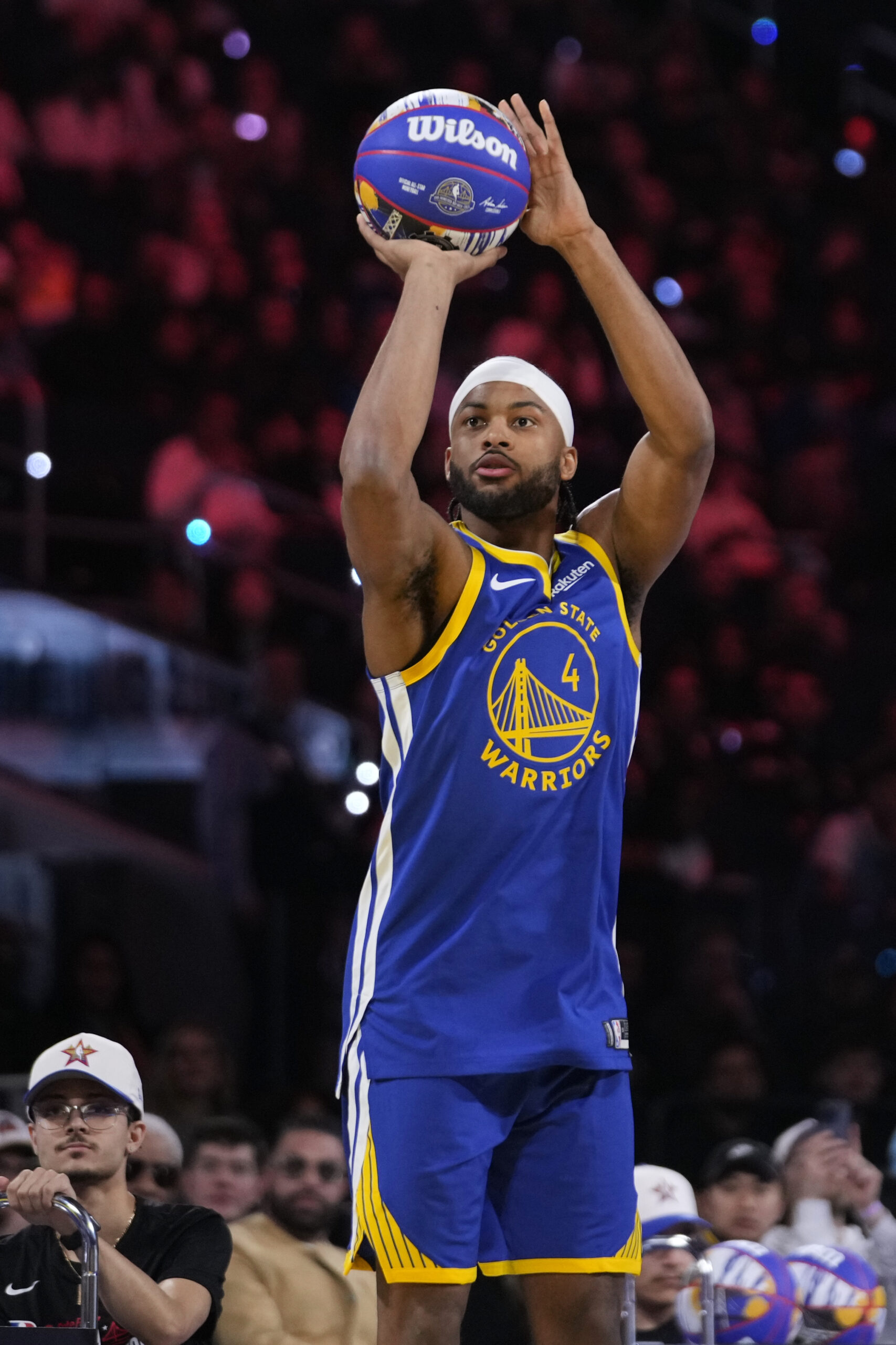 Golden State Warriors guard Moses Moody shoots during the skills...