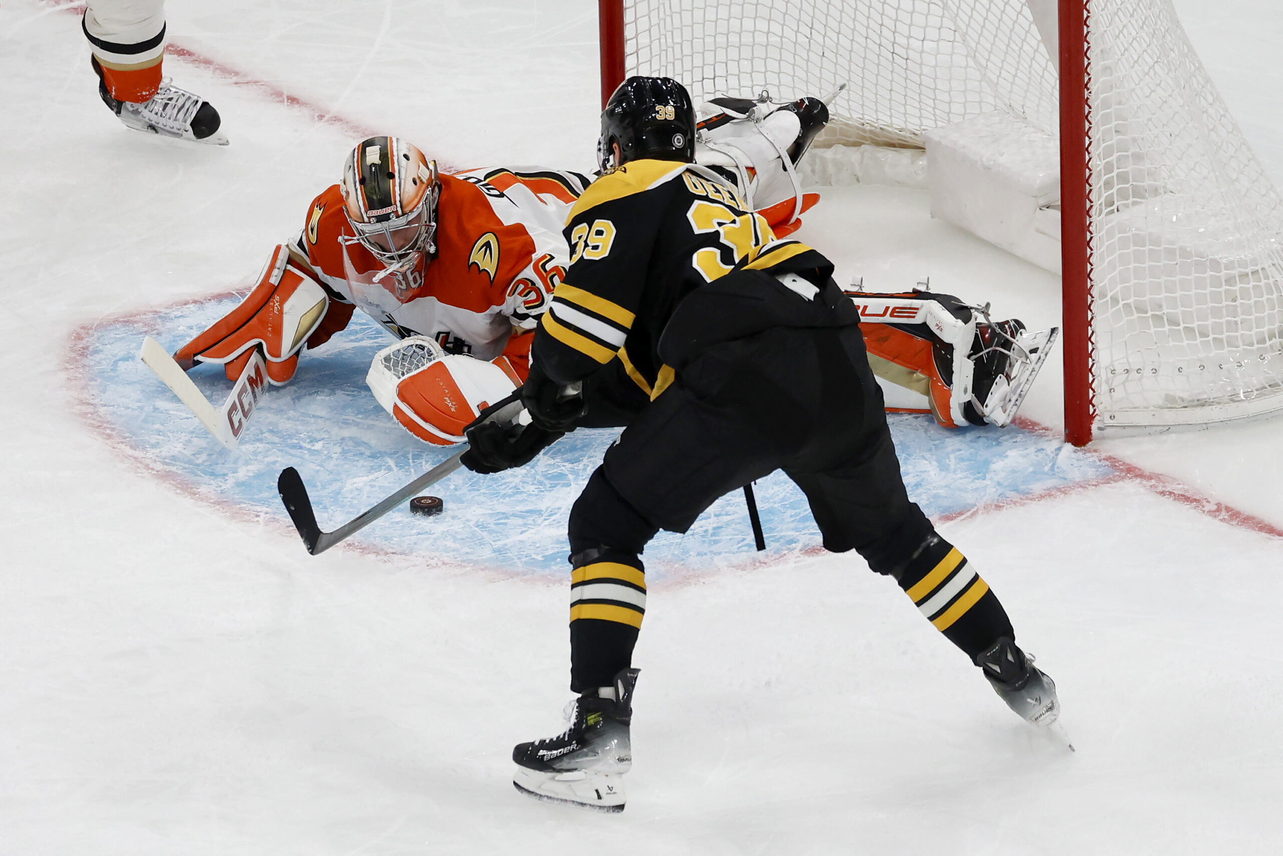 Ducks goaltender John Gibson (36) makes a save against shot-attempt...