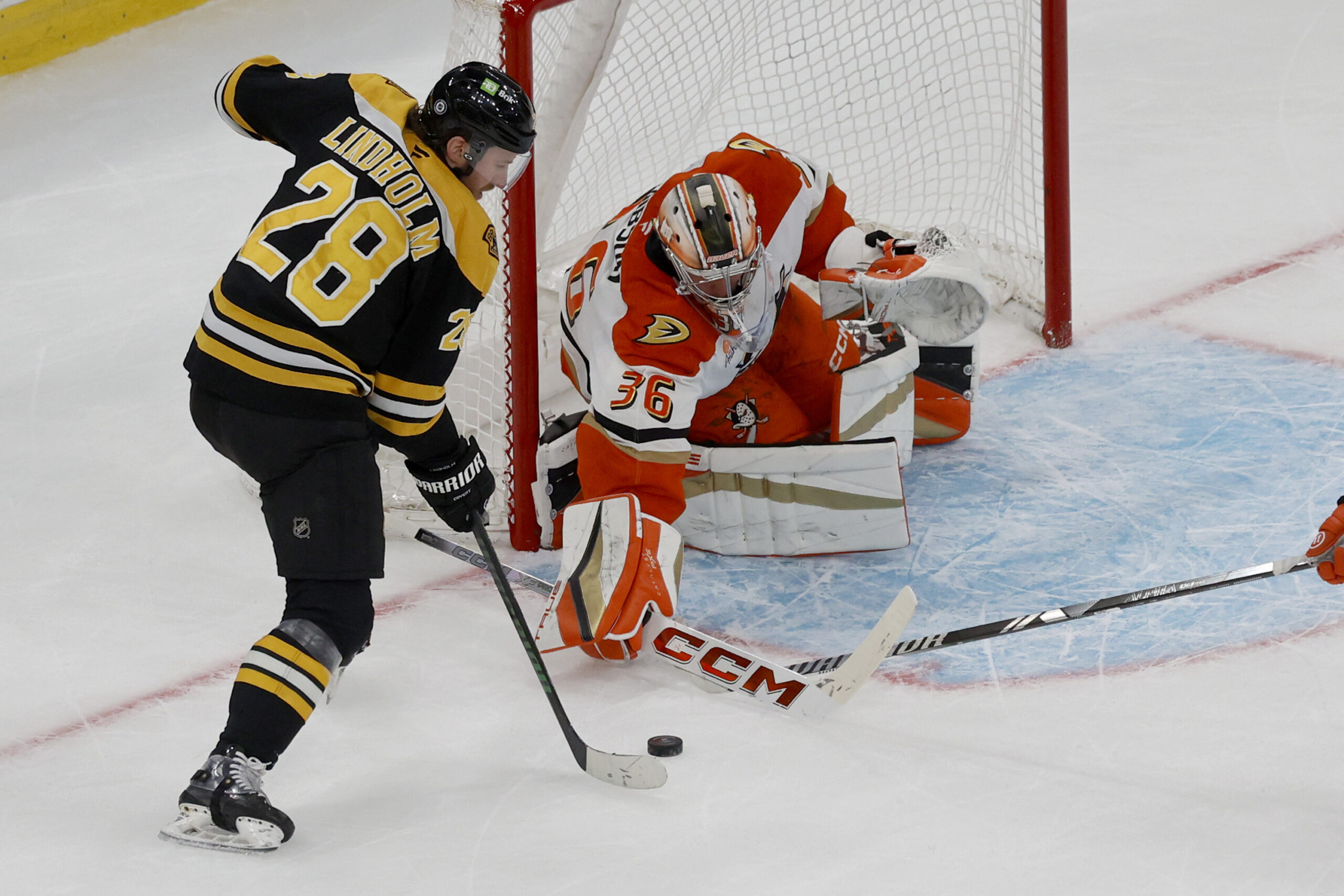 Ducks goaltender John Gibson (36) makes a save on a...