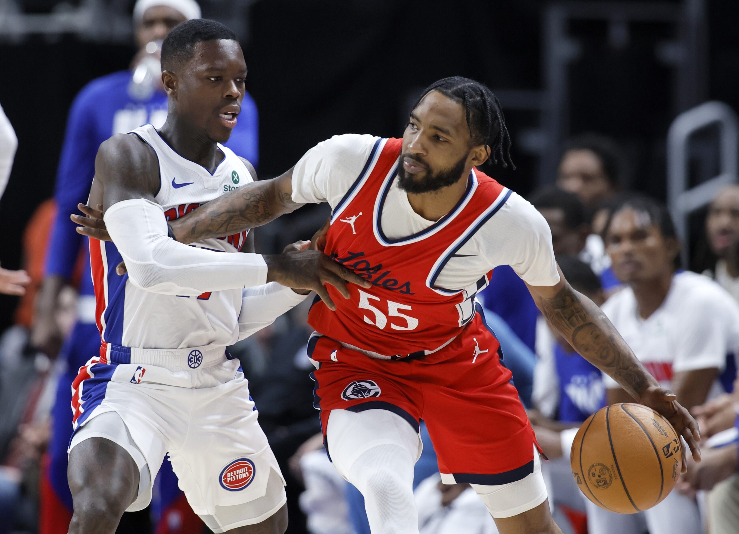 Clippers forward Derrick Jones Jr. works the ball against Detroit...