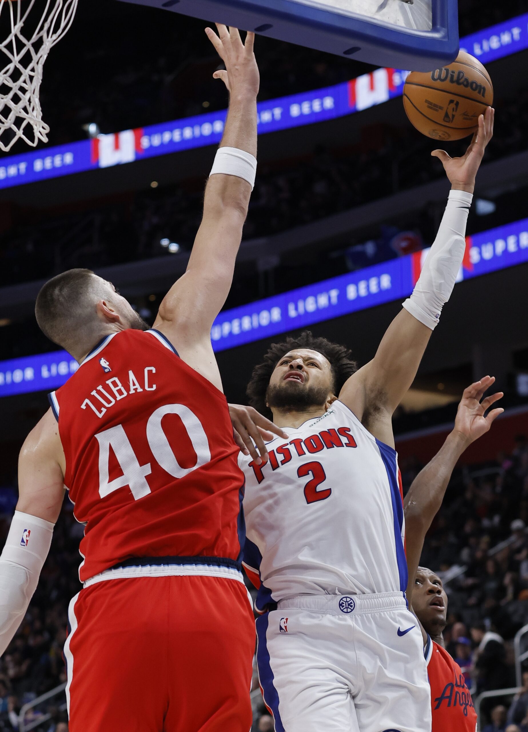 Detroit Pistons guard Cade Cunningham (2) shoots over Clippers center...