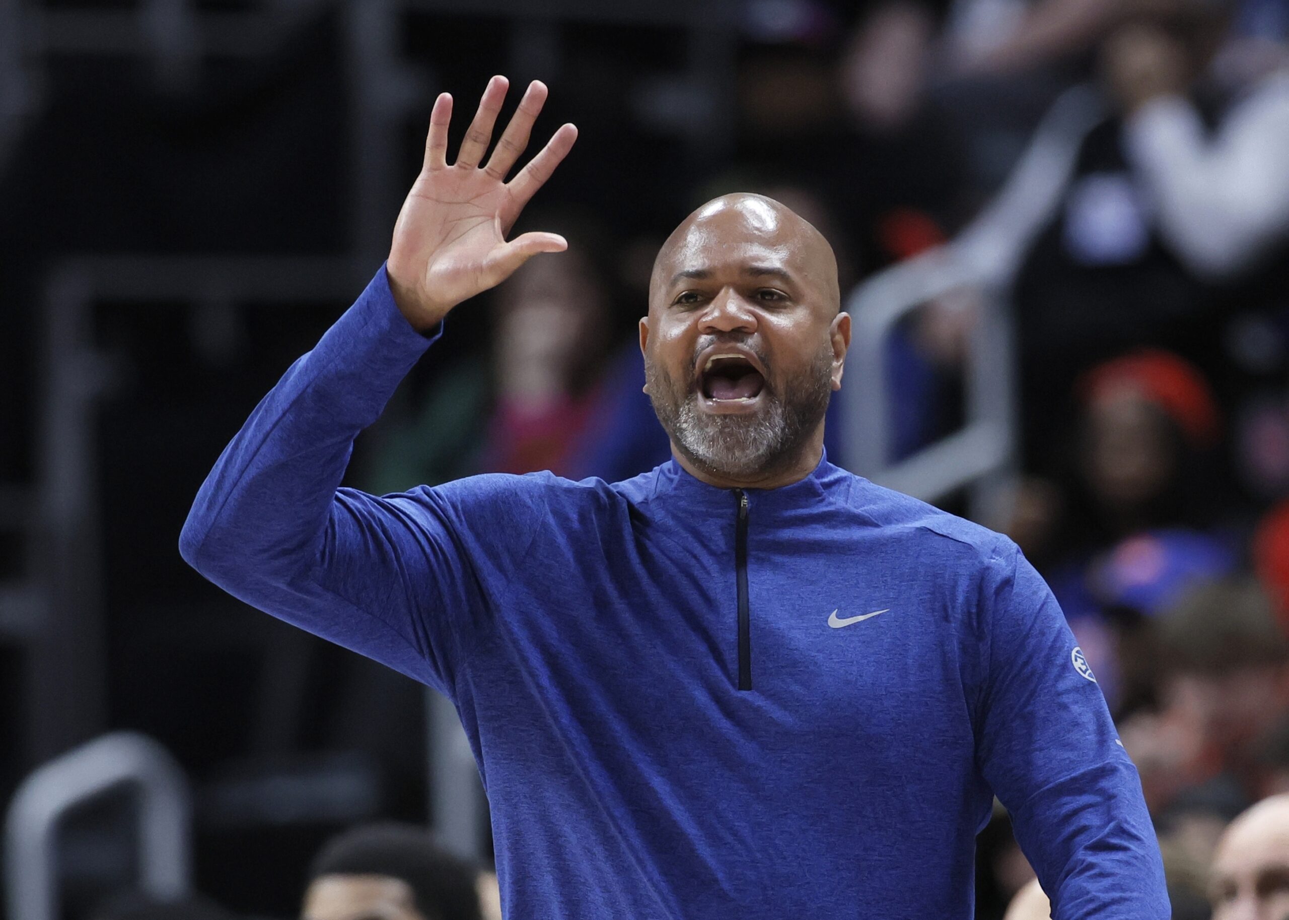 Detroit Pistons head coach J.B. Bickerstaff shouts to his team...