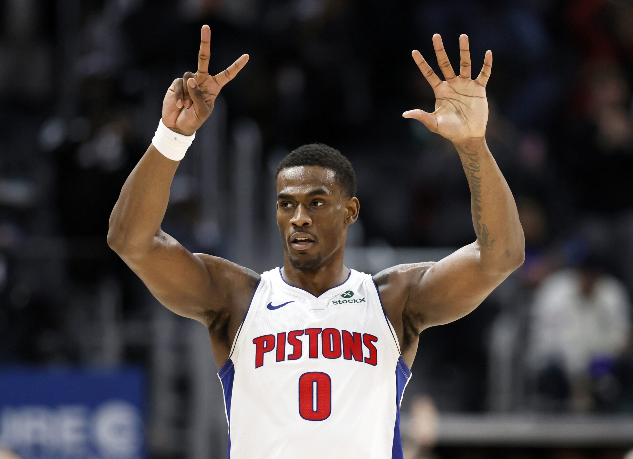 Detroit Pistons center Jalen Duren celebrates after defeating the Clippers...