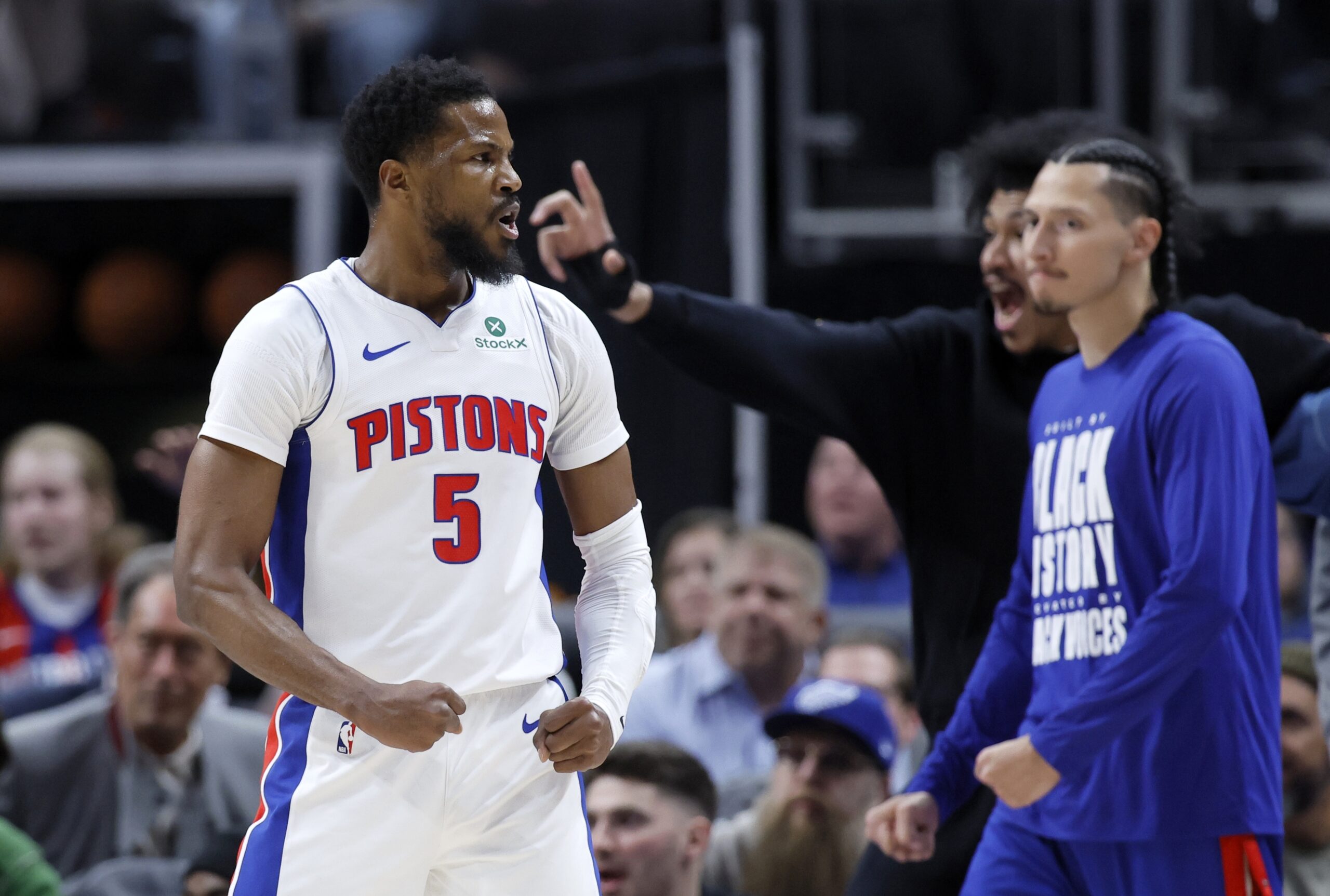 Detroit Pistons guard Malik Beasley (5) celebrates during the first...