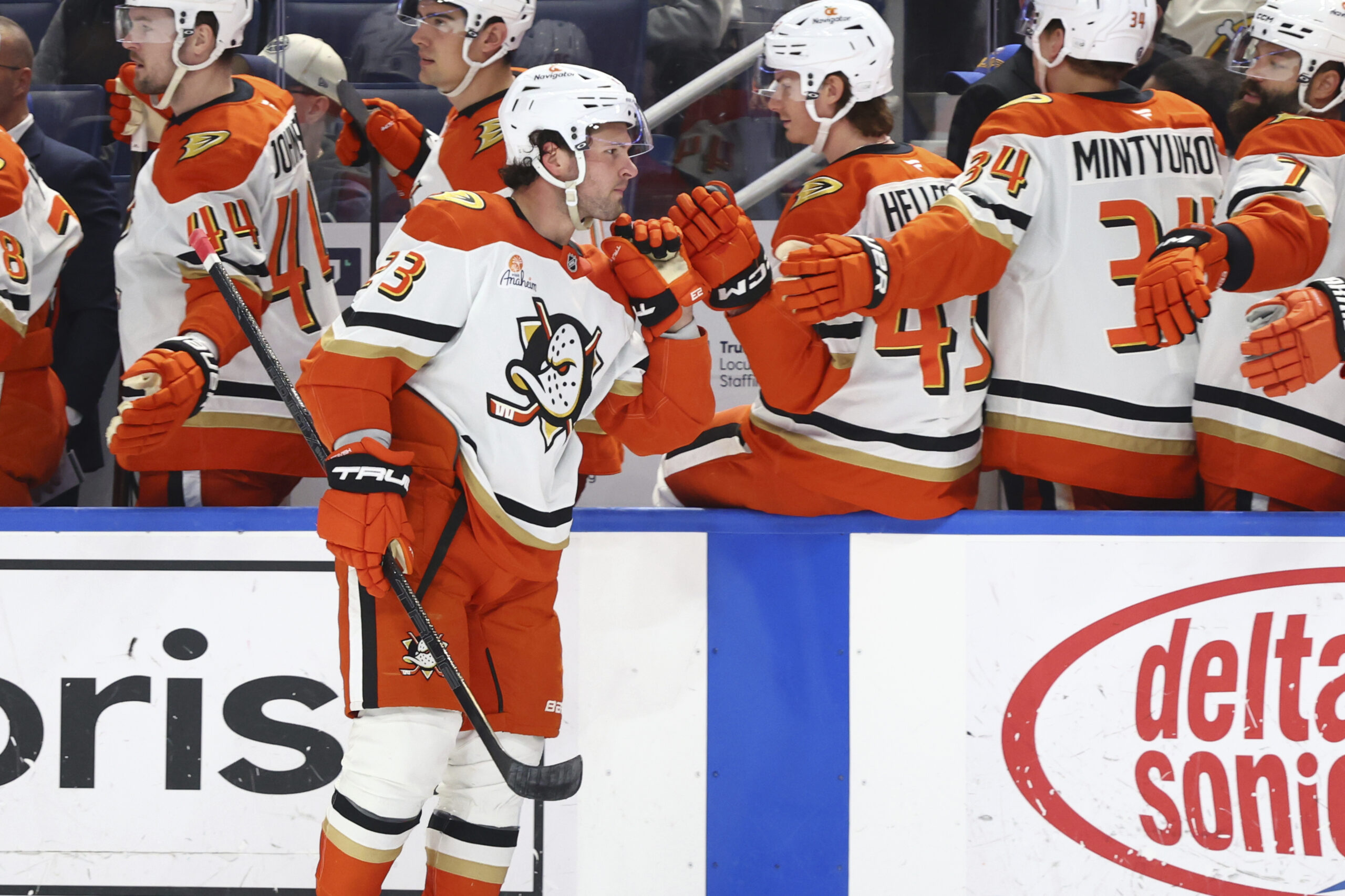 Ducks center Mason McTavish celebrates his goal during the first...