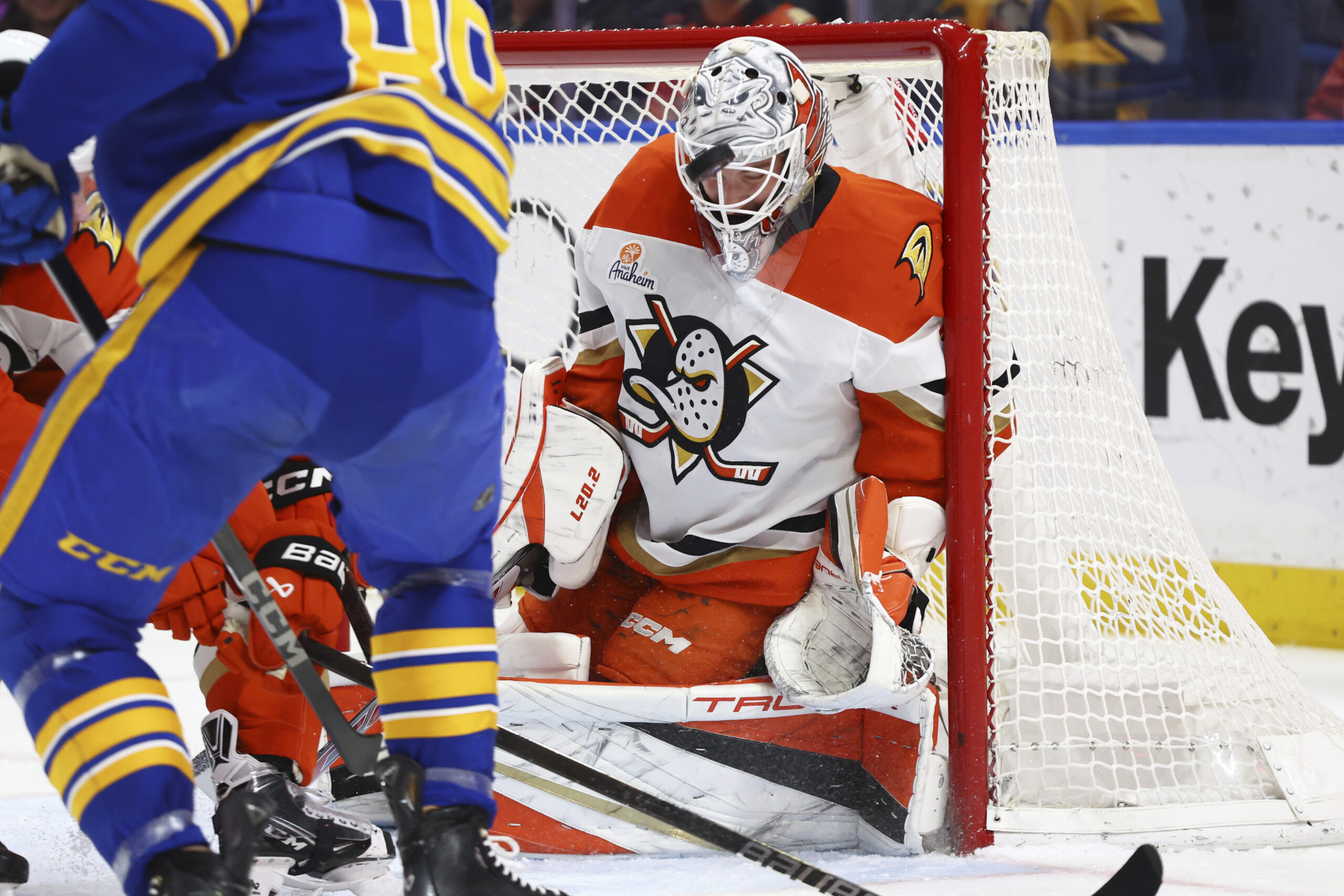 Ducks goaltender Lukas Dostal (1) makes a save during the...