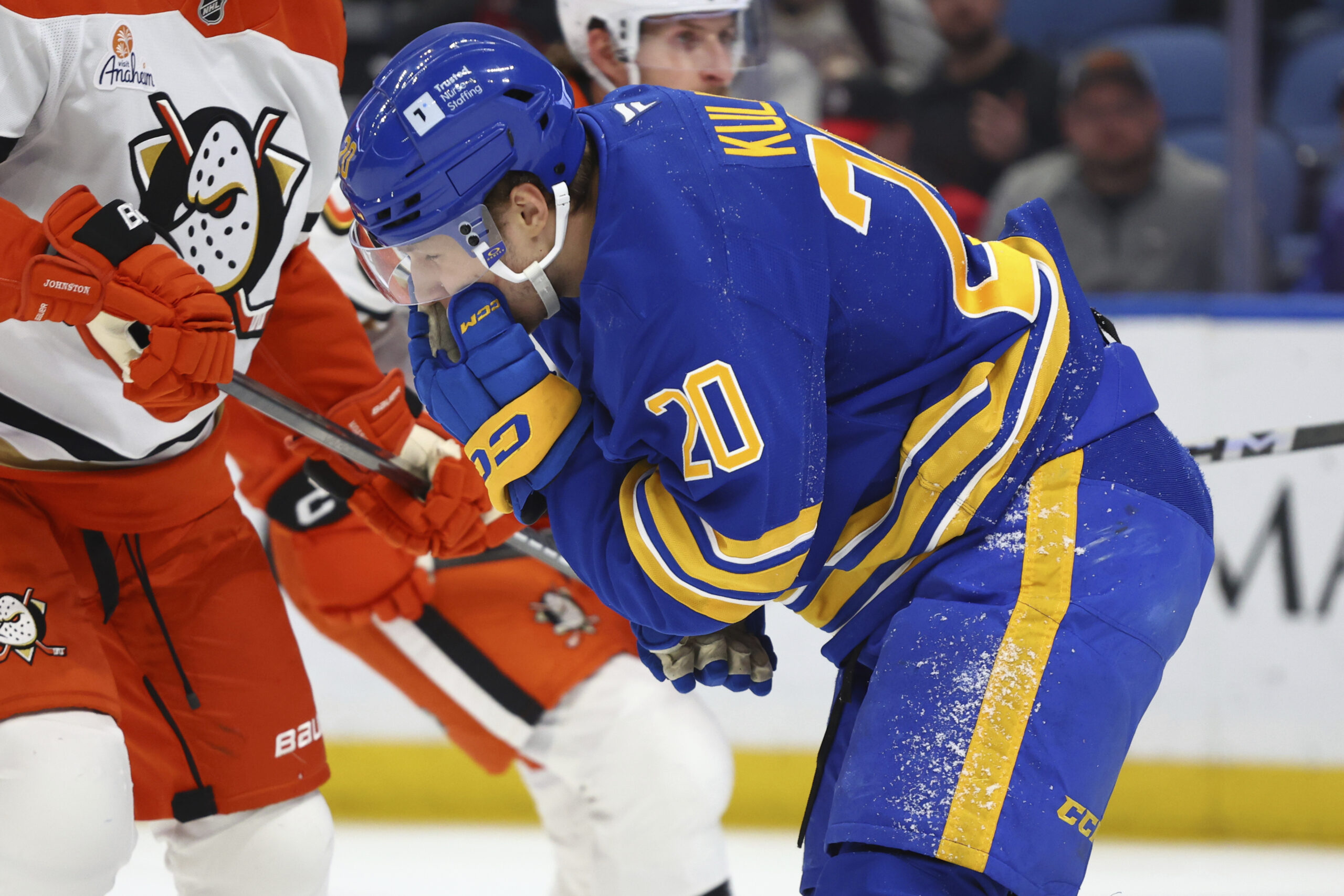 Buffalo Sabres center Jiri Kulich (20) reacts after being hit...