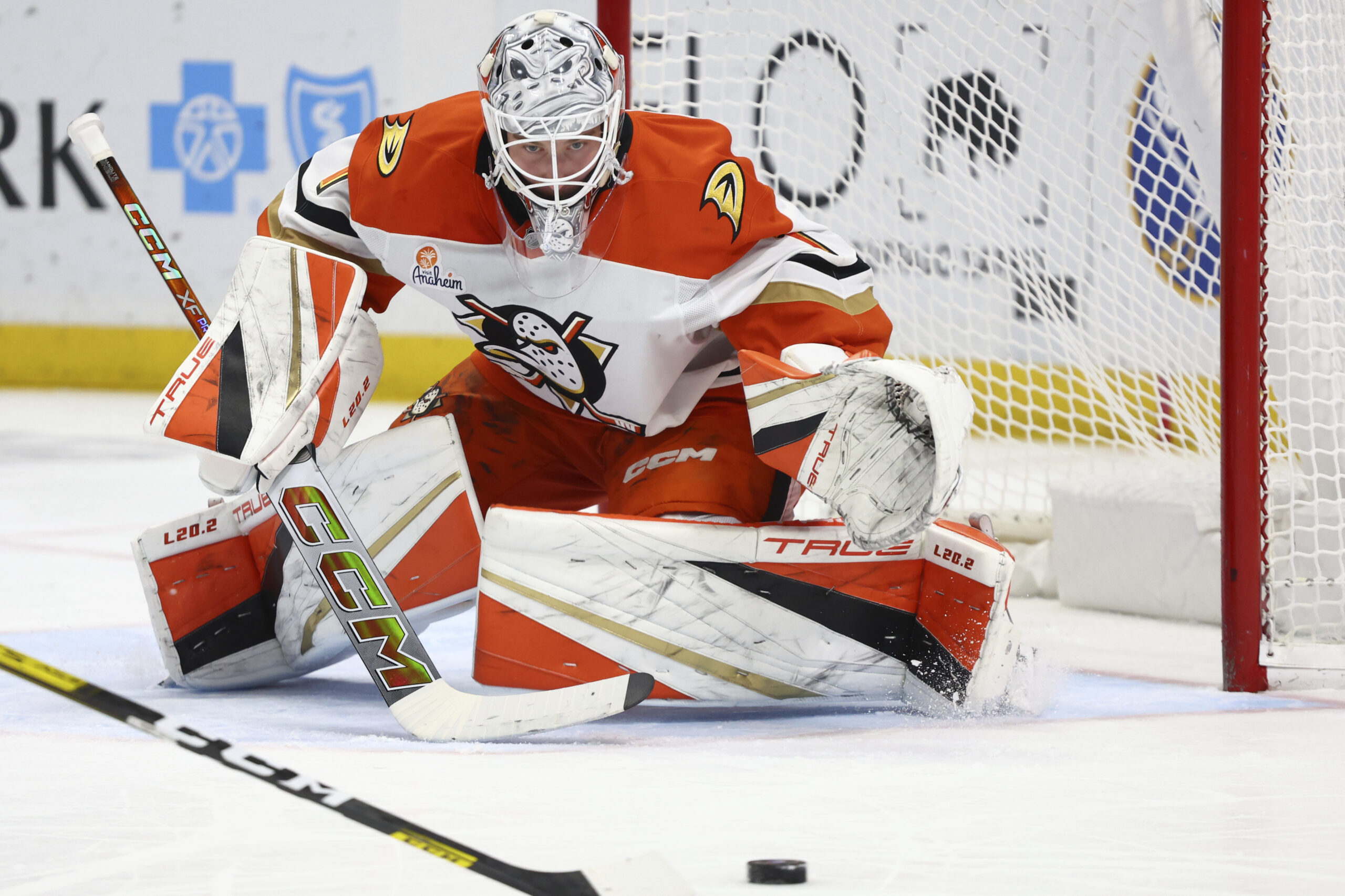 Ducks goaltender Lukas Dostal (1) watches the puck during the...