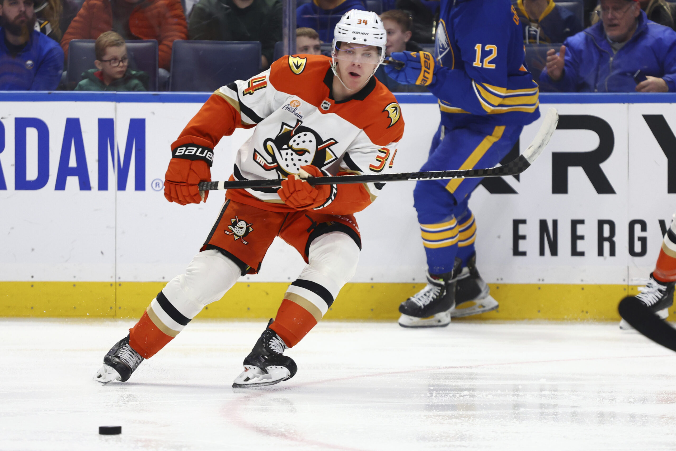 Ducks defenseman Pavel Mintyukov (34) passes the puck during the...