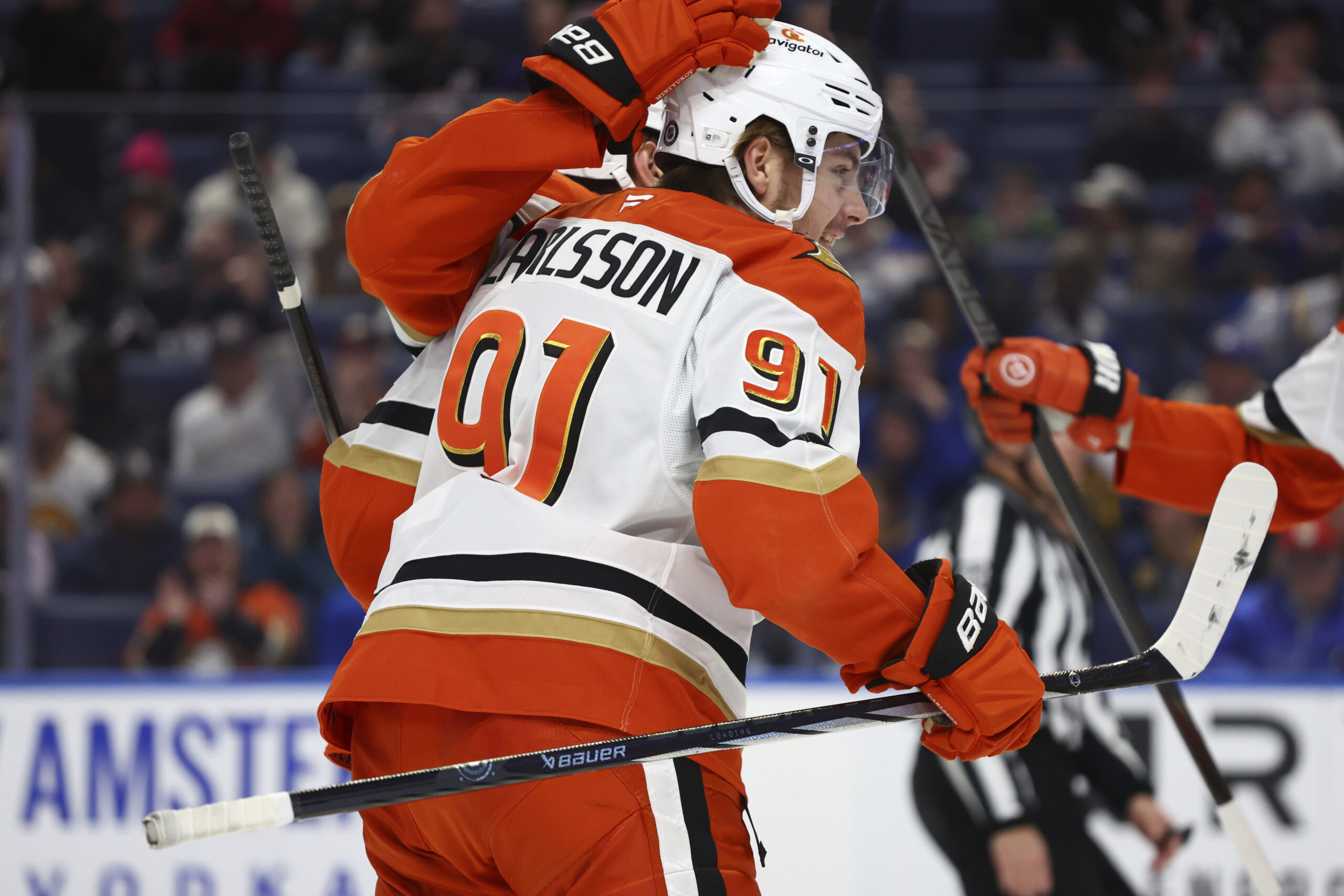 Ducks center Leo Carlsson (91) celebrates his goal during the...