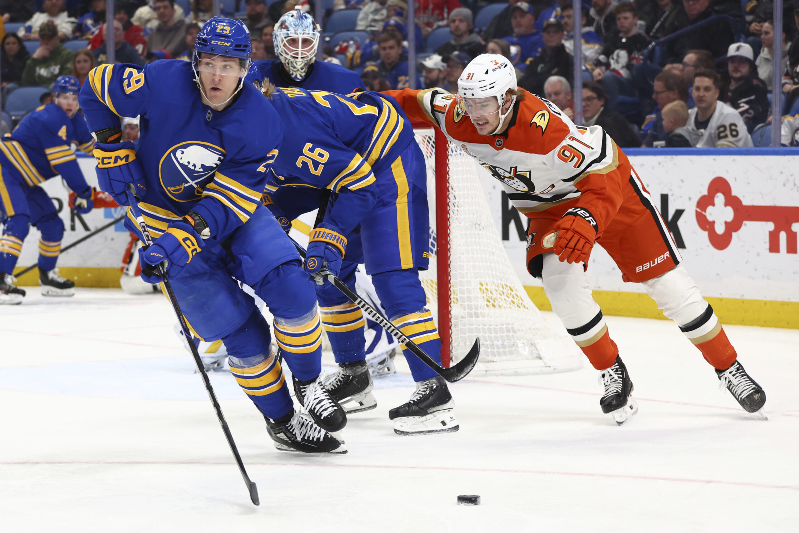 Buffalo Sabres left wing Beck Malenstyn (29) carries the puck...