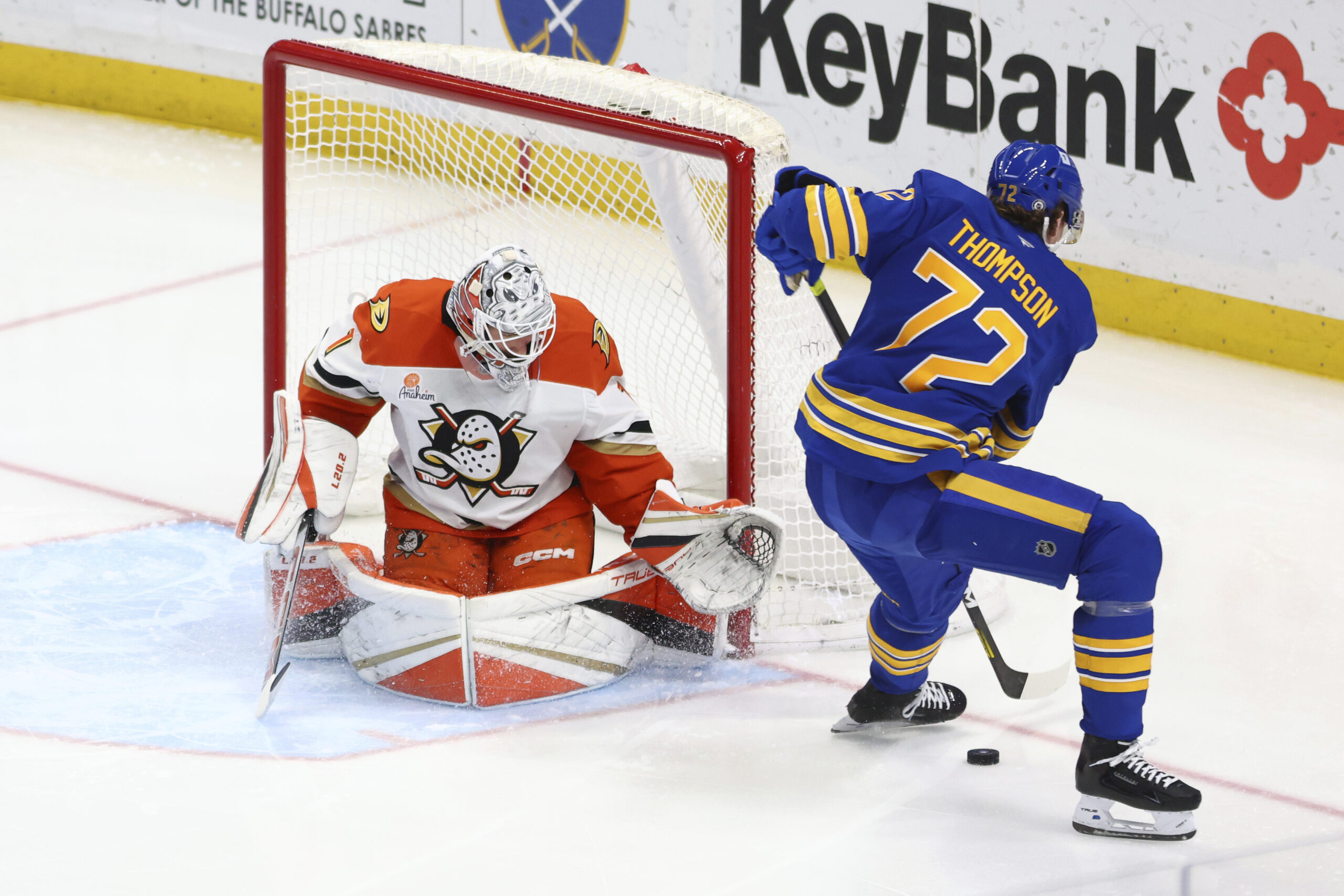 Ducks goaltender Lukas Dostal stops Buffalo Sabres center Tage Thompson...