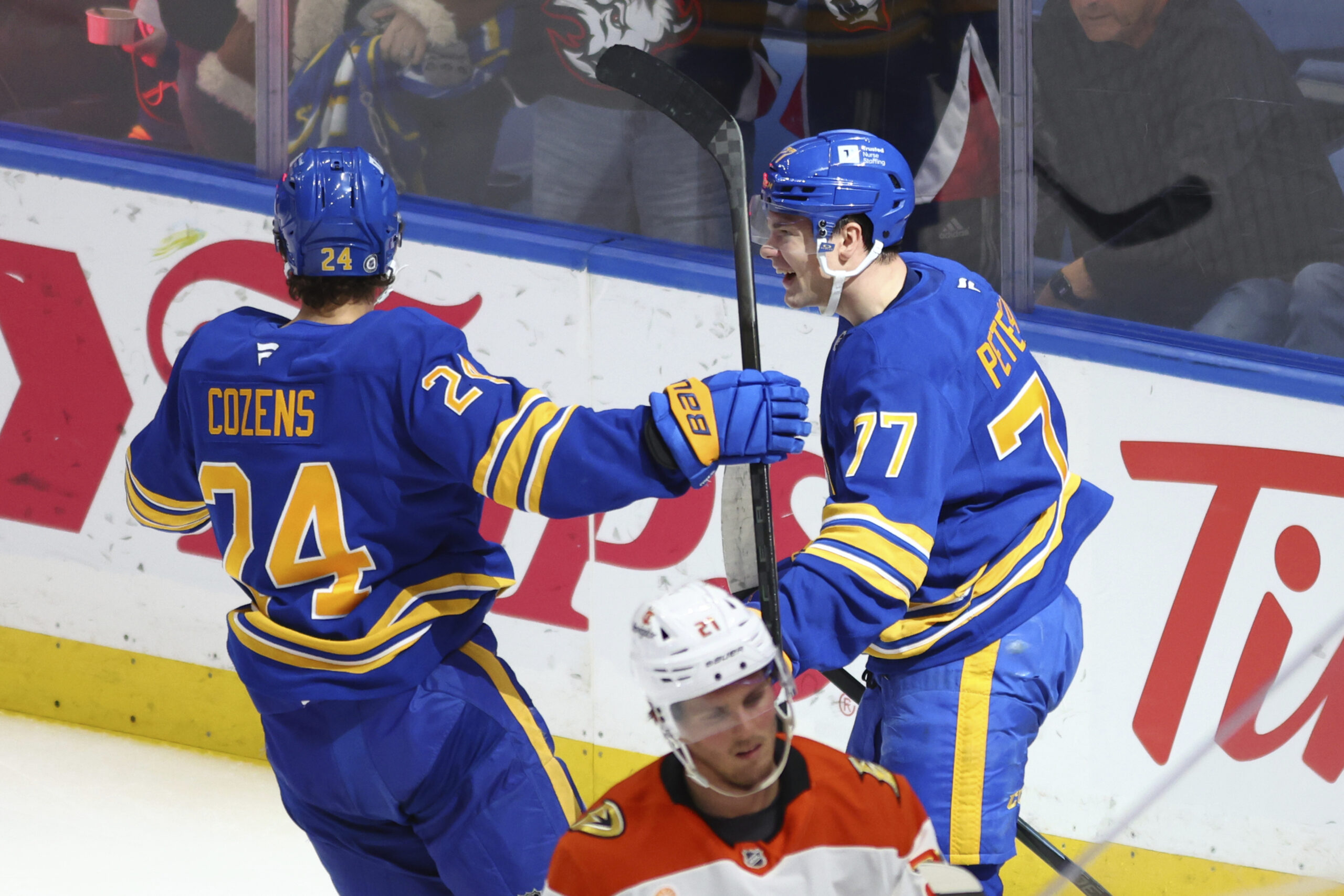 Buffalo Sabres right wing JJ Peterka (77) celebrates his goal...