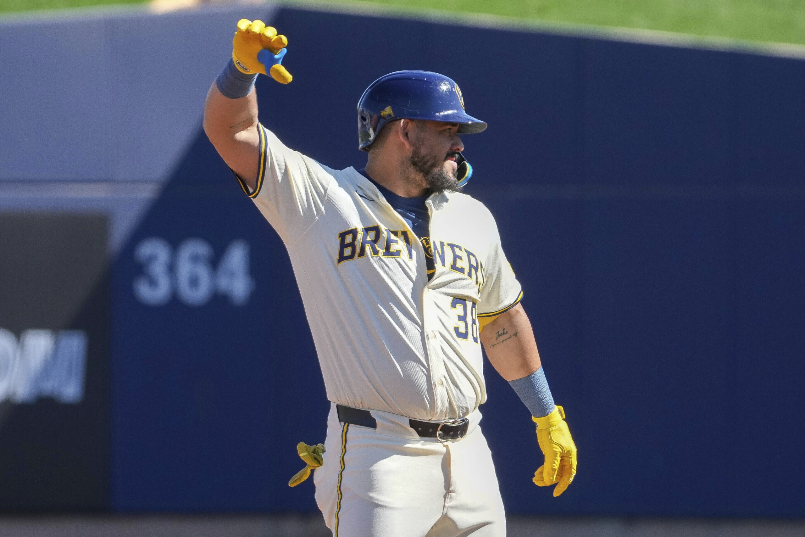 The Milwaukee Brewers’ Jorge Alfaro (38) celebrates after hitting a...