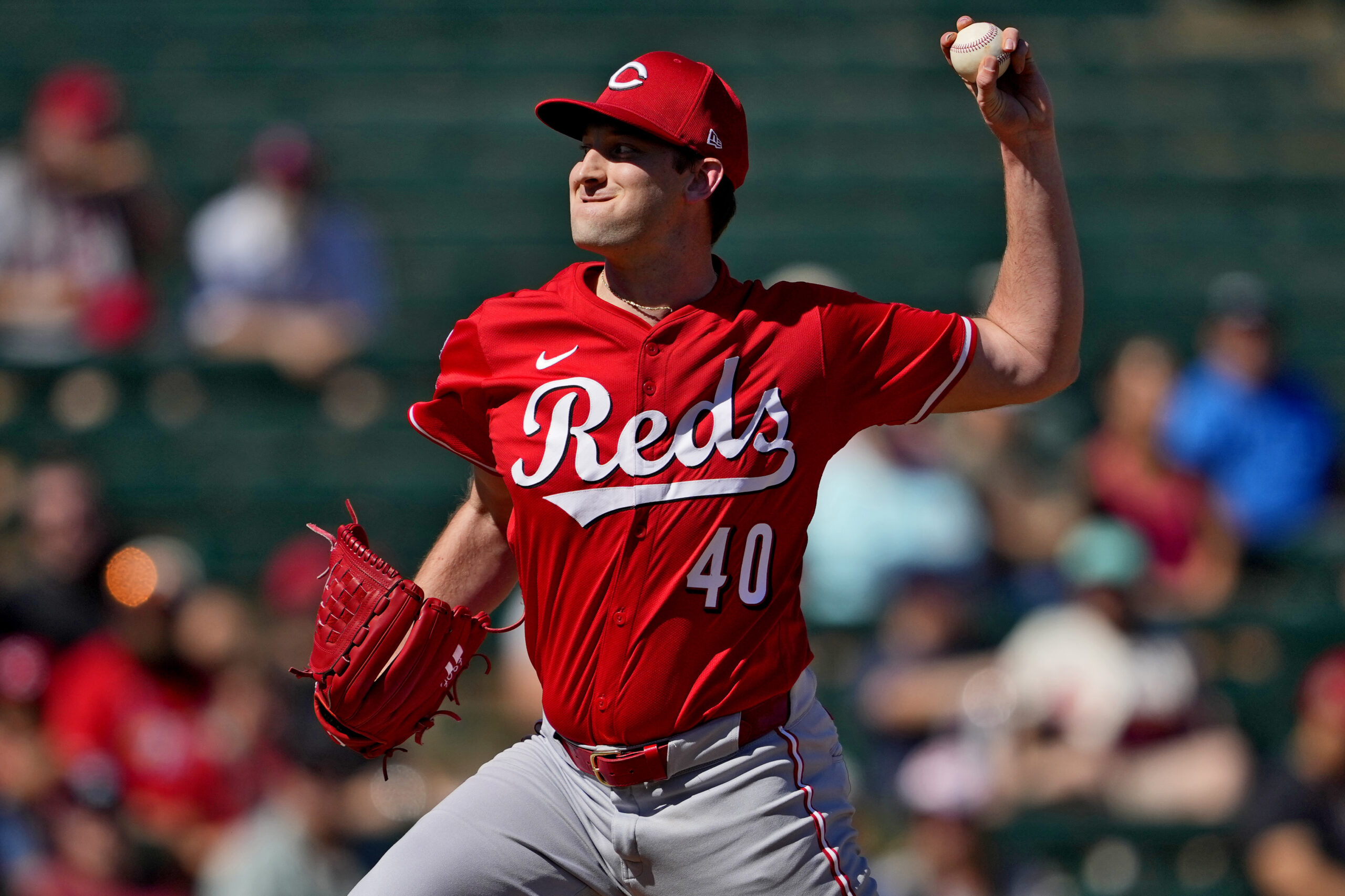 Cincinnati Reds pitcher Nick Lodolo throws against the Angels during...