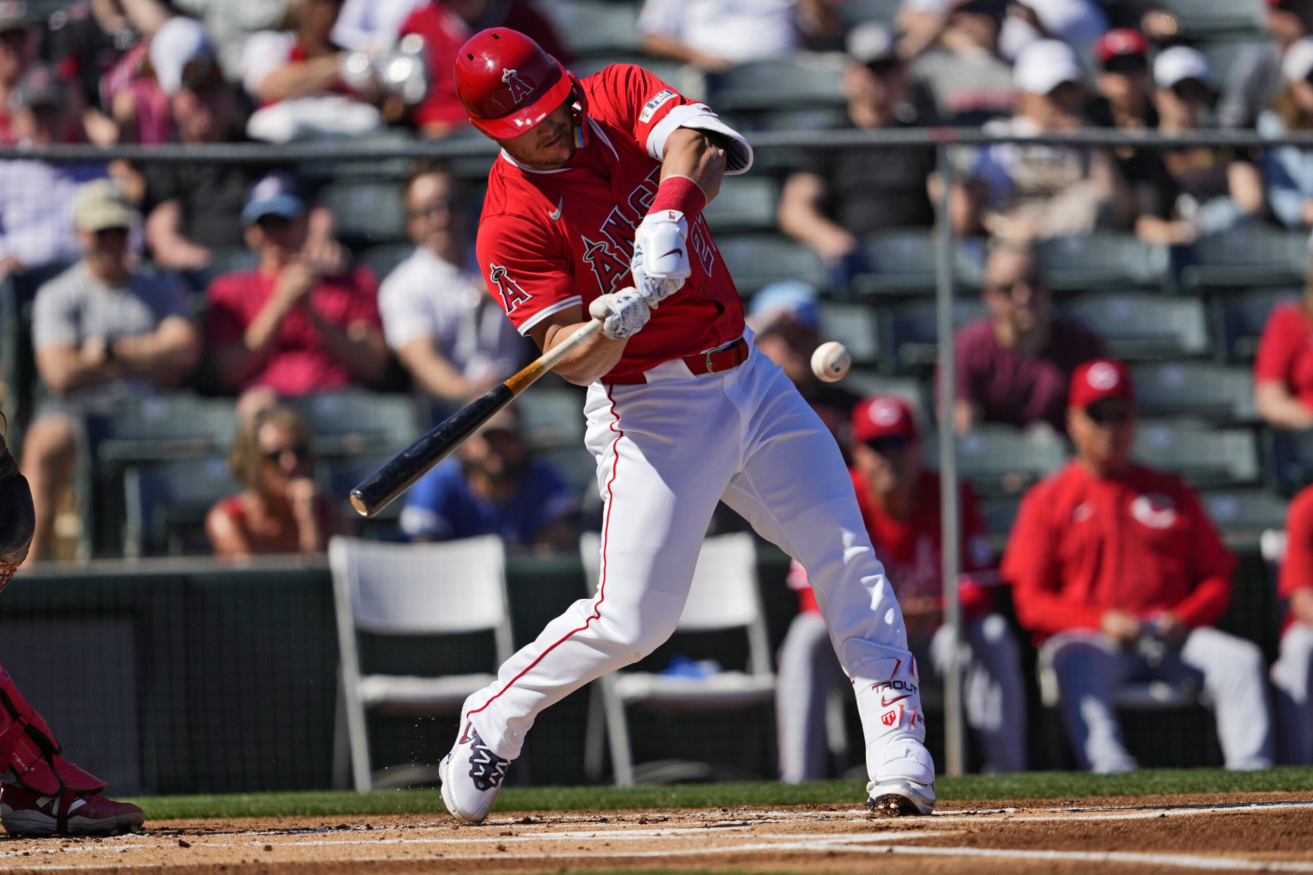 Angels star Mike Trout hits against the Cincinnati Reds during...