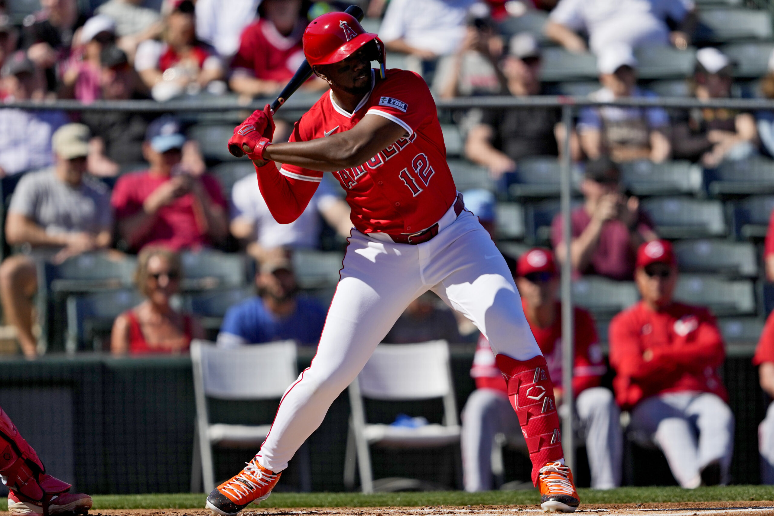 The Angels’ Jorge Soler hits against the Cincinnati Reds during...