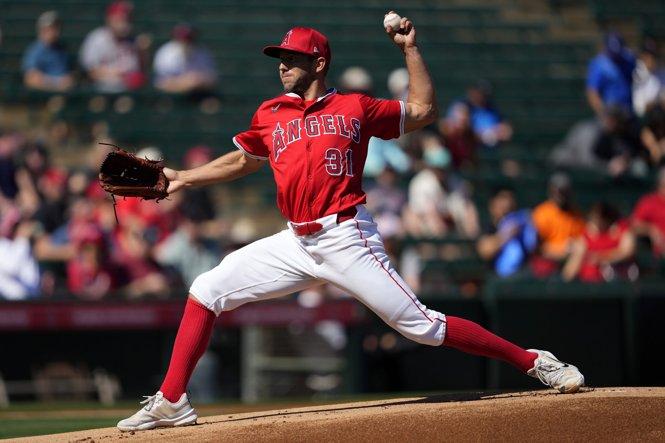 Angels starting pitcher Tyler Anderson throws to the plate during...