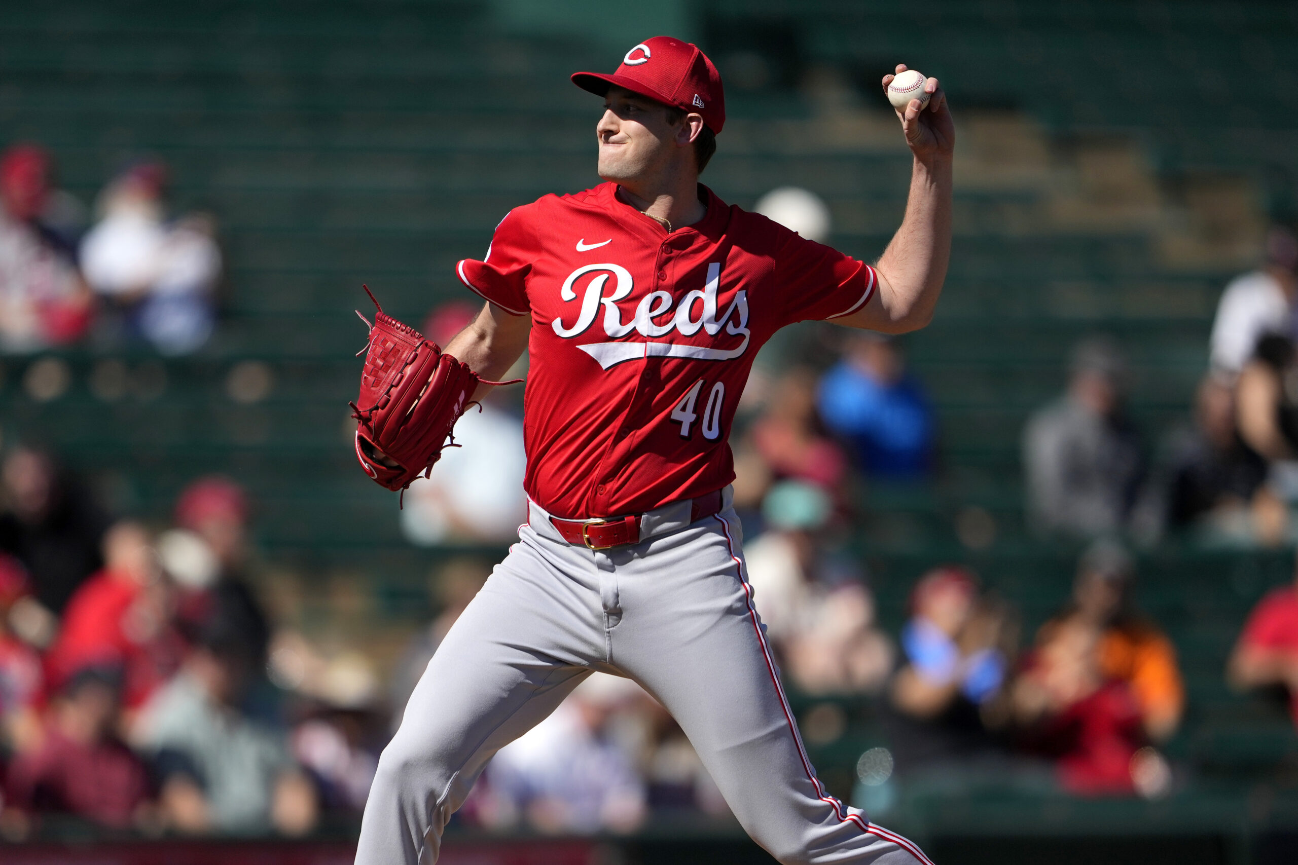 Cincinnati Reds pitcher Nick Lodolo throws against the Angels during...