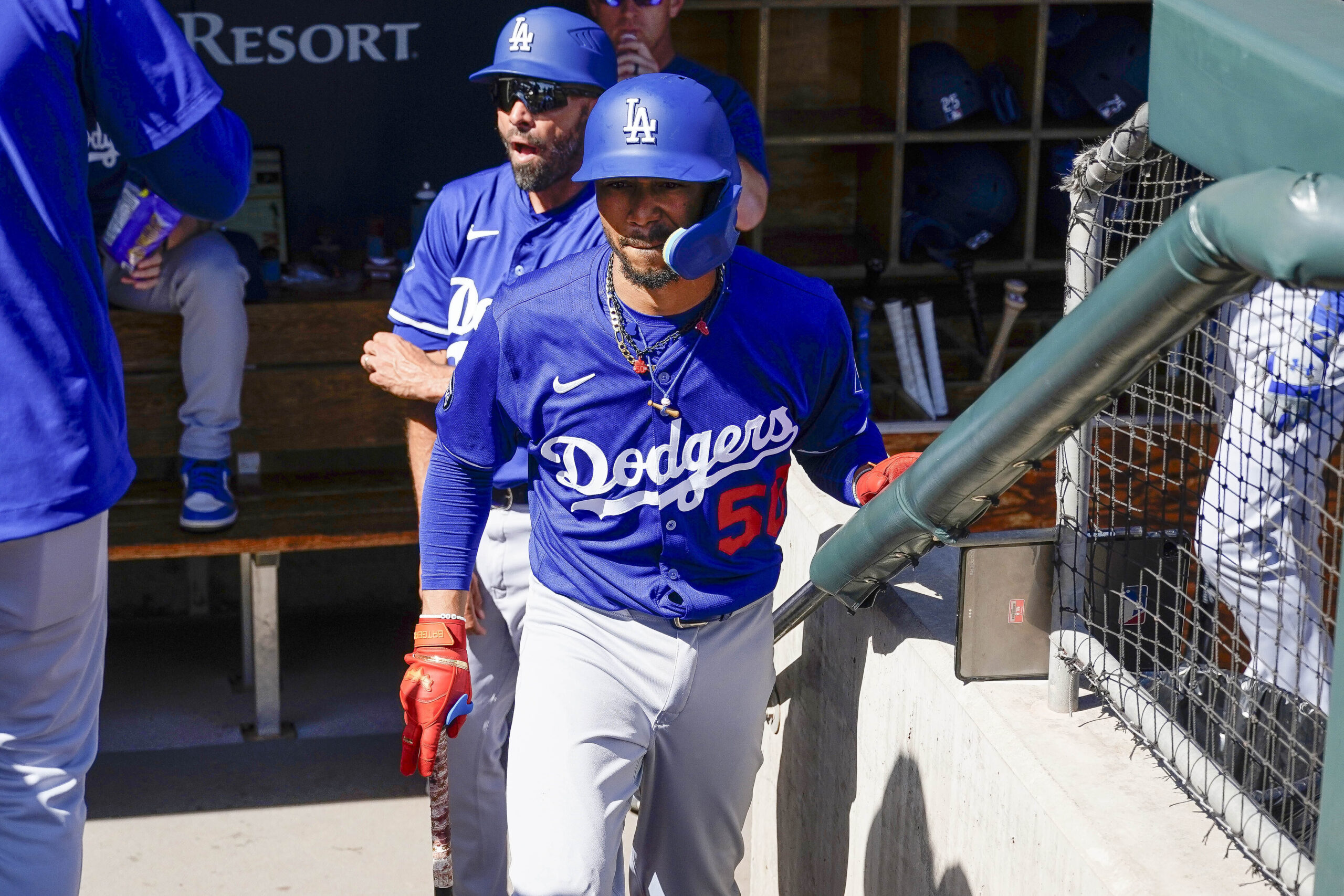 Dodgers shortstop Mookie Betts waits to bat before the start...